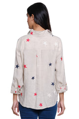 Star Embroidered Linen Tie-Front Top - Petite - Flax
