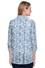 Embroidered Eyelet Printed Button-Front Top - Plus - Blue Print