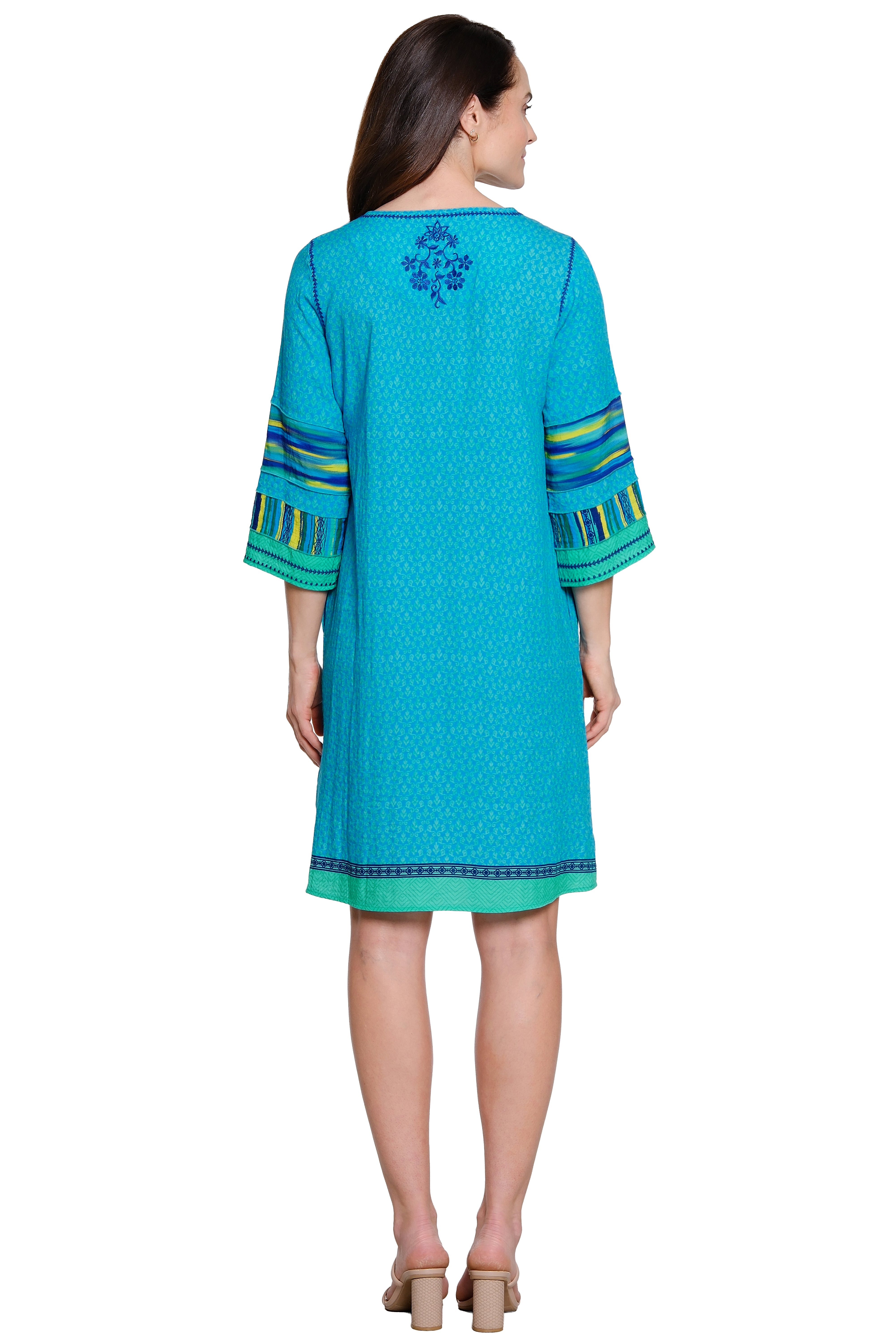 Embroidered Multi Stripe Dress - Plus - Teal Print