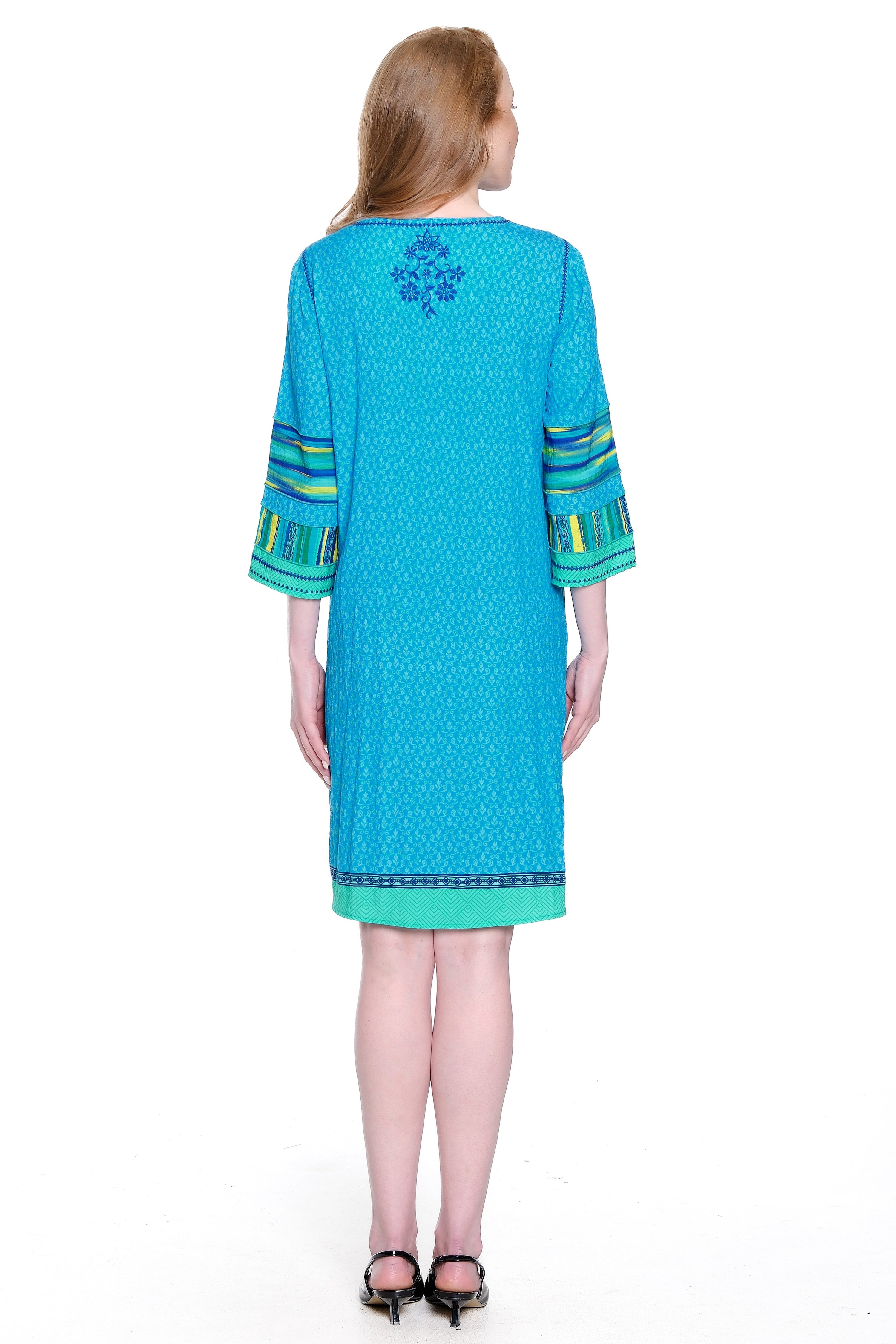 Embroidered Dress with Mixed Print Sleeves - Teal Print