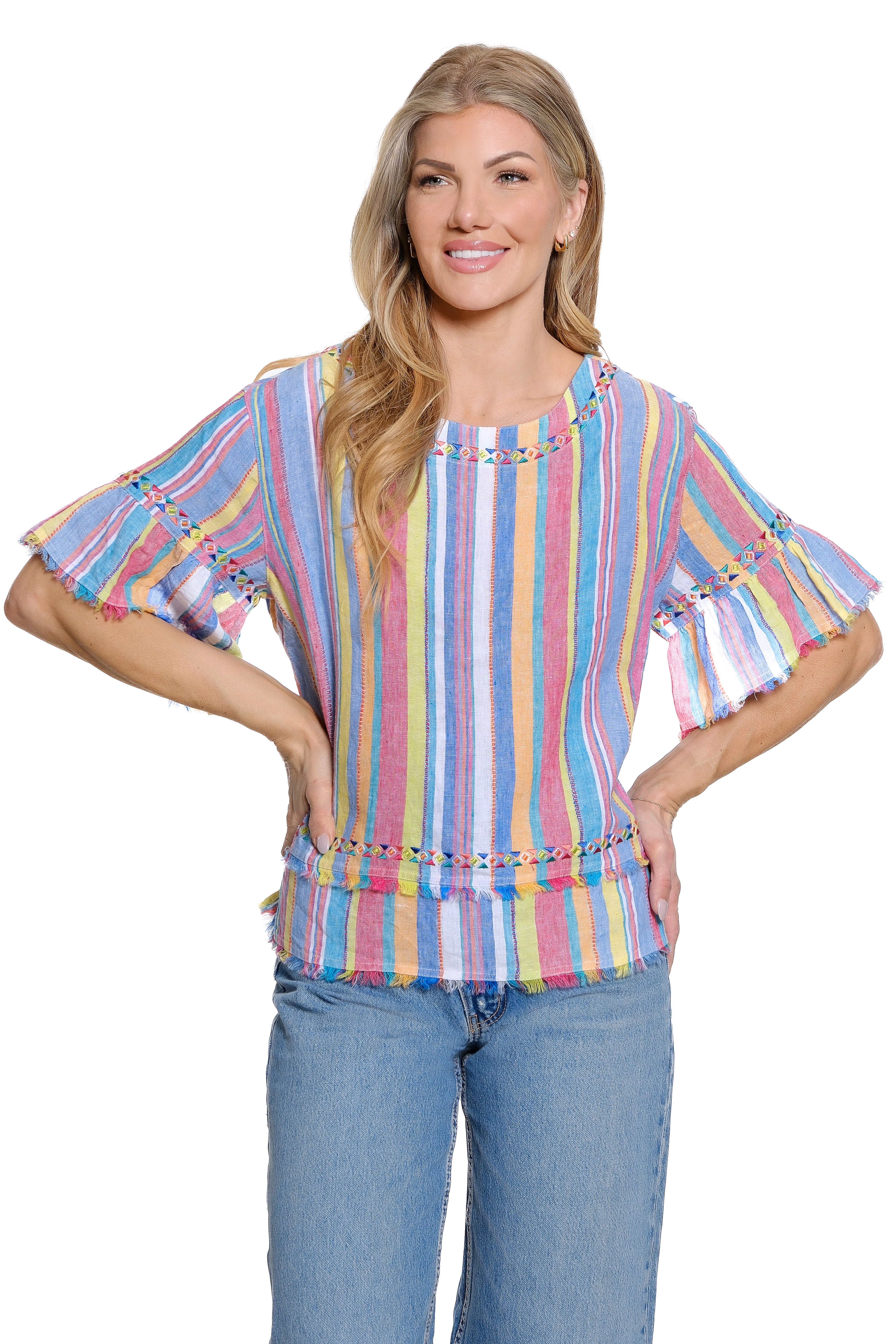 Stripe Linen Pull On Top with Flounce Sleeves - Multi