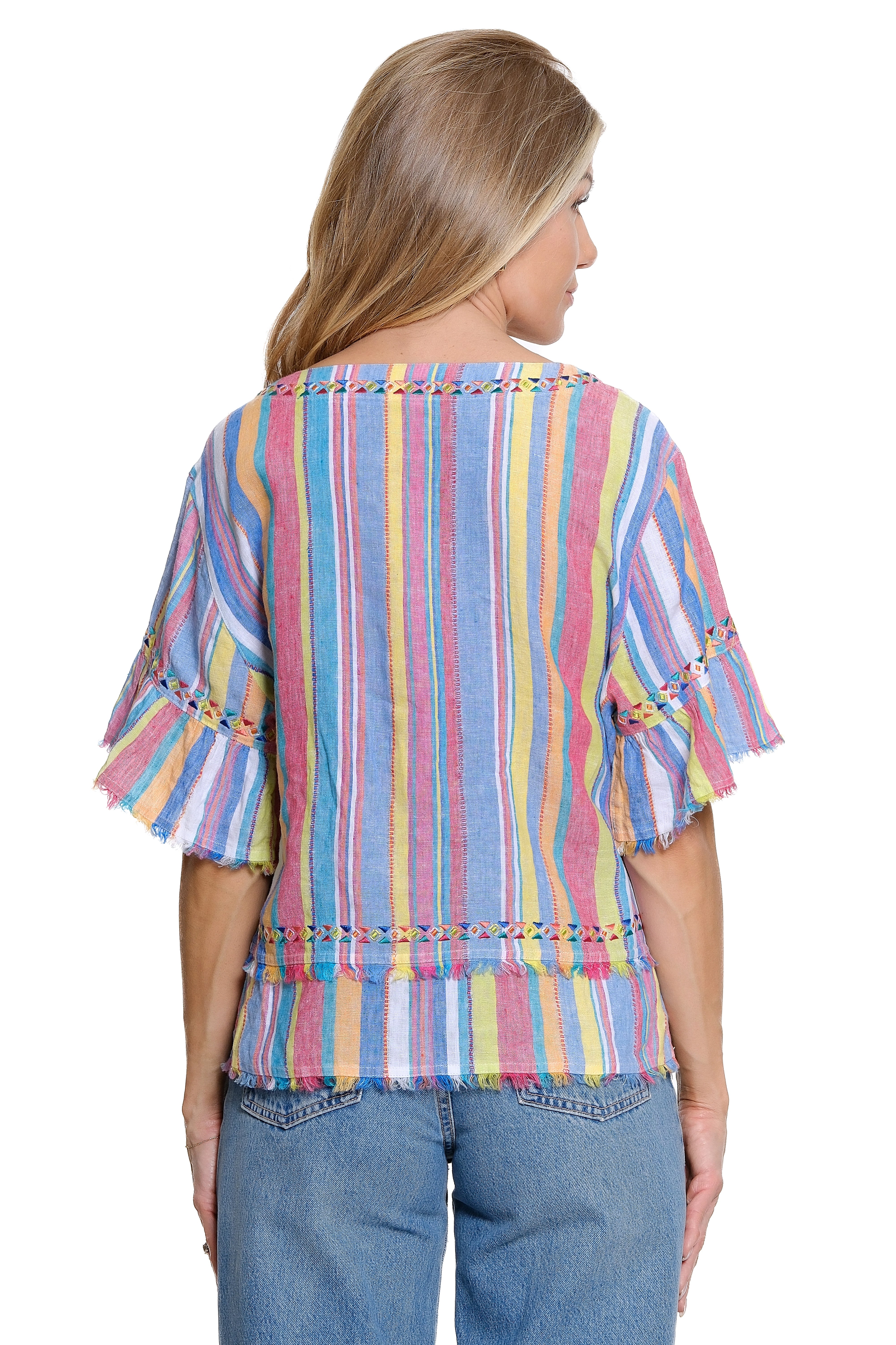 Stripe Linen Pull On Top with Flounce Sleeves - Multi
