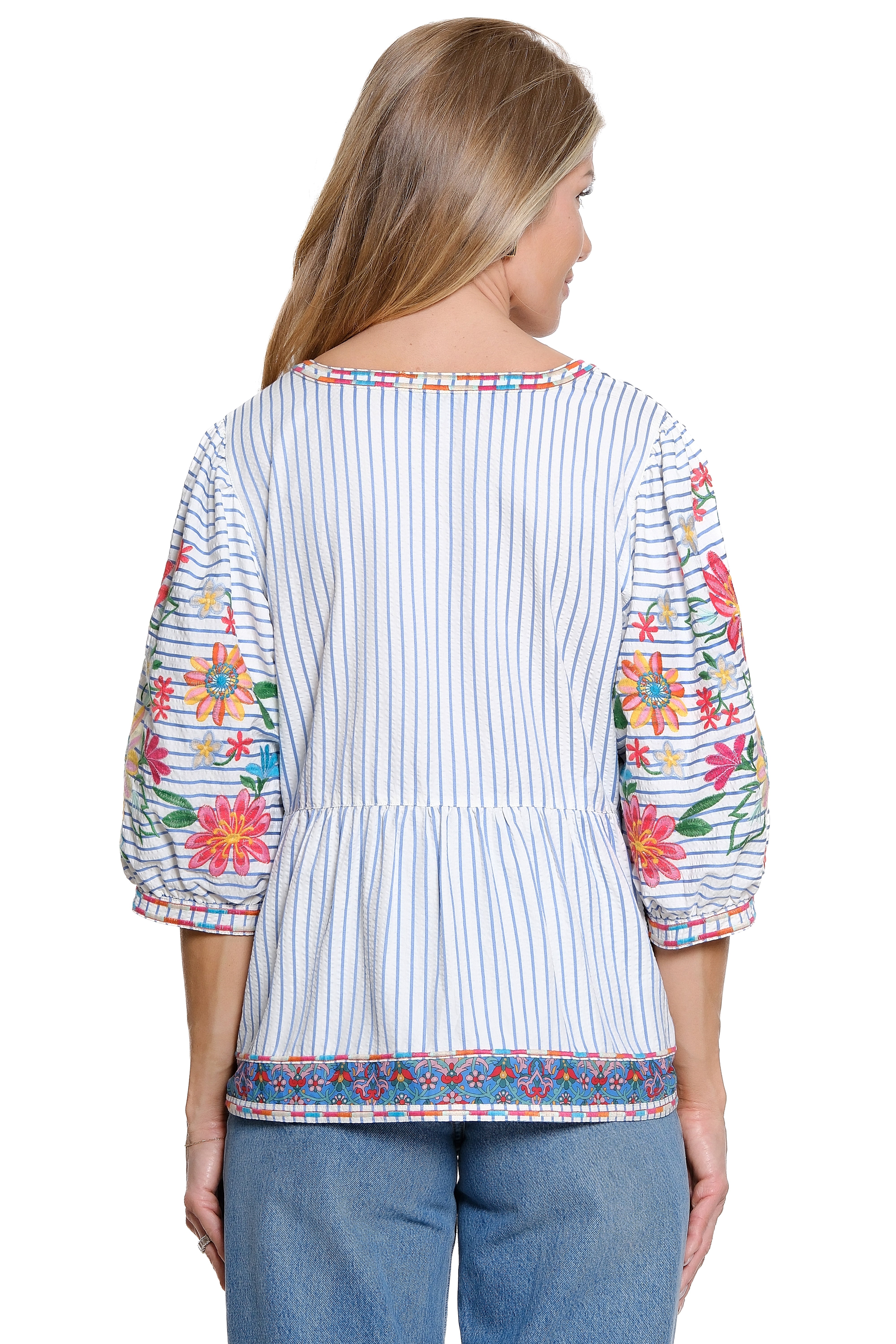 Floral Embroidered Top with Balloon Sleeves - Blue Multi