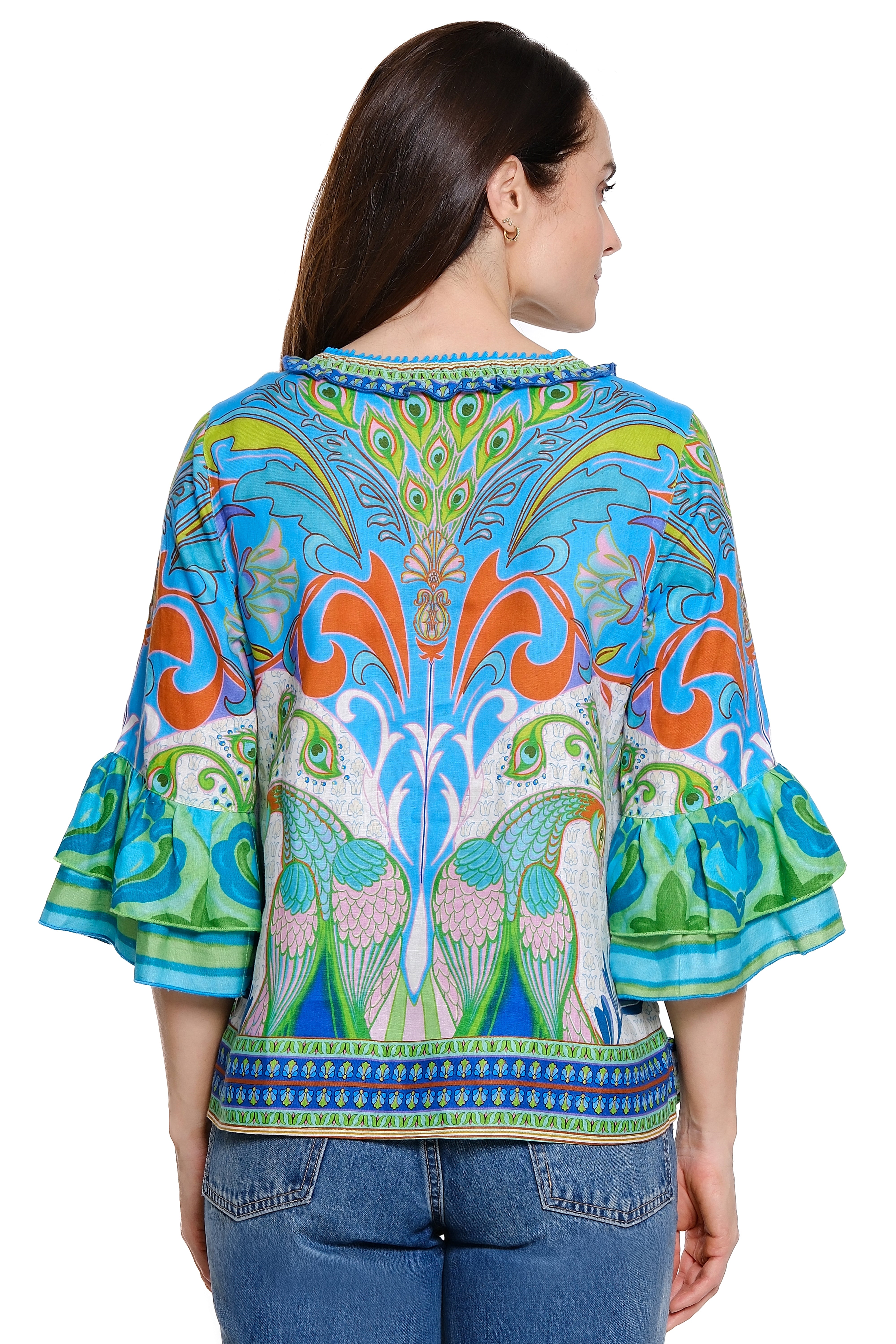 Print Linen Blouse with Tiered 3/4 Sleeves - Bird Print