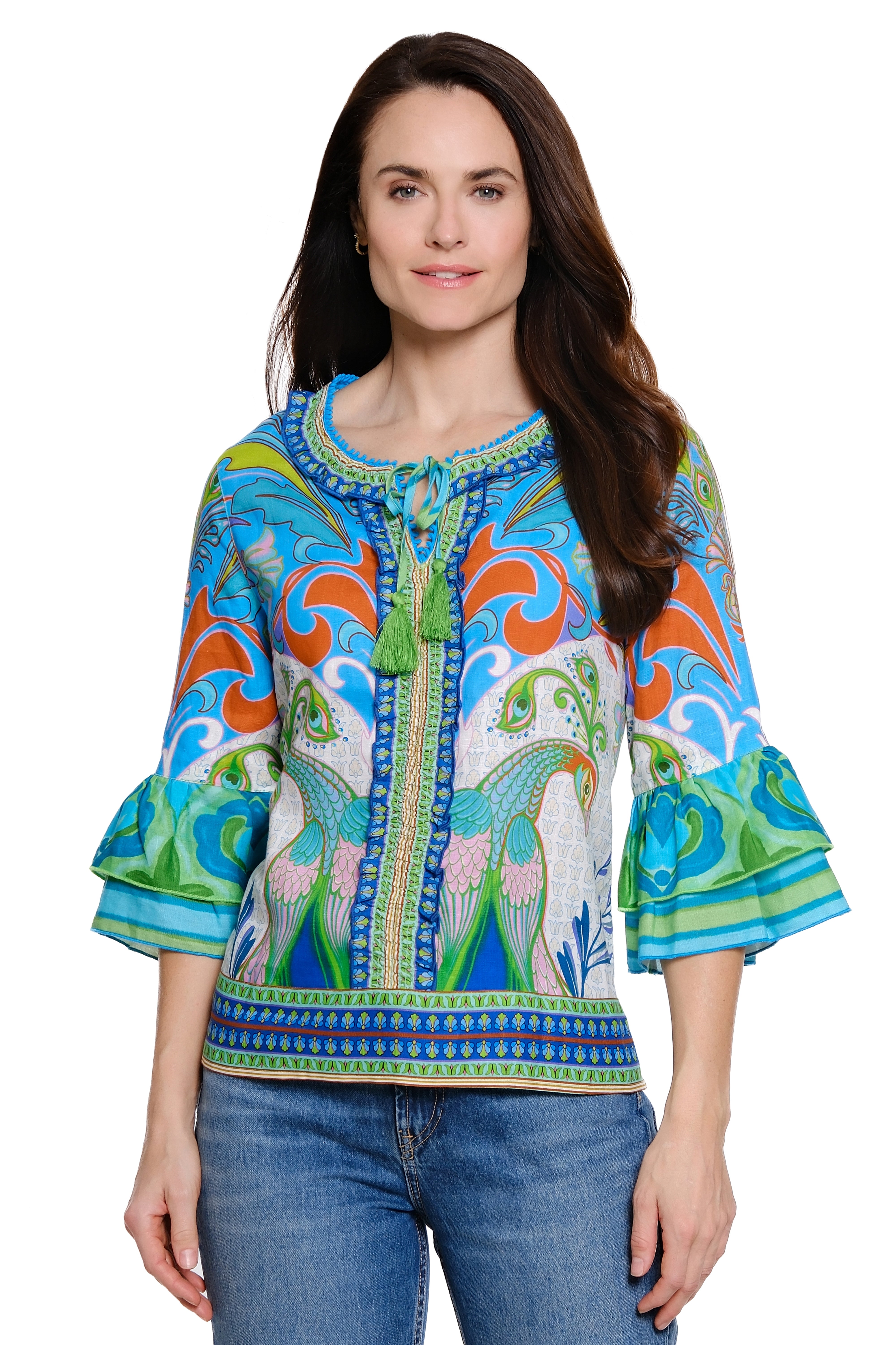 Print Linen Blouse with Tiered 3/4 Sleeves - Bird Print