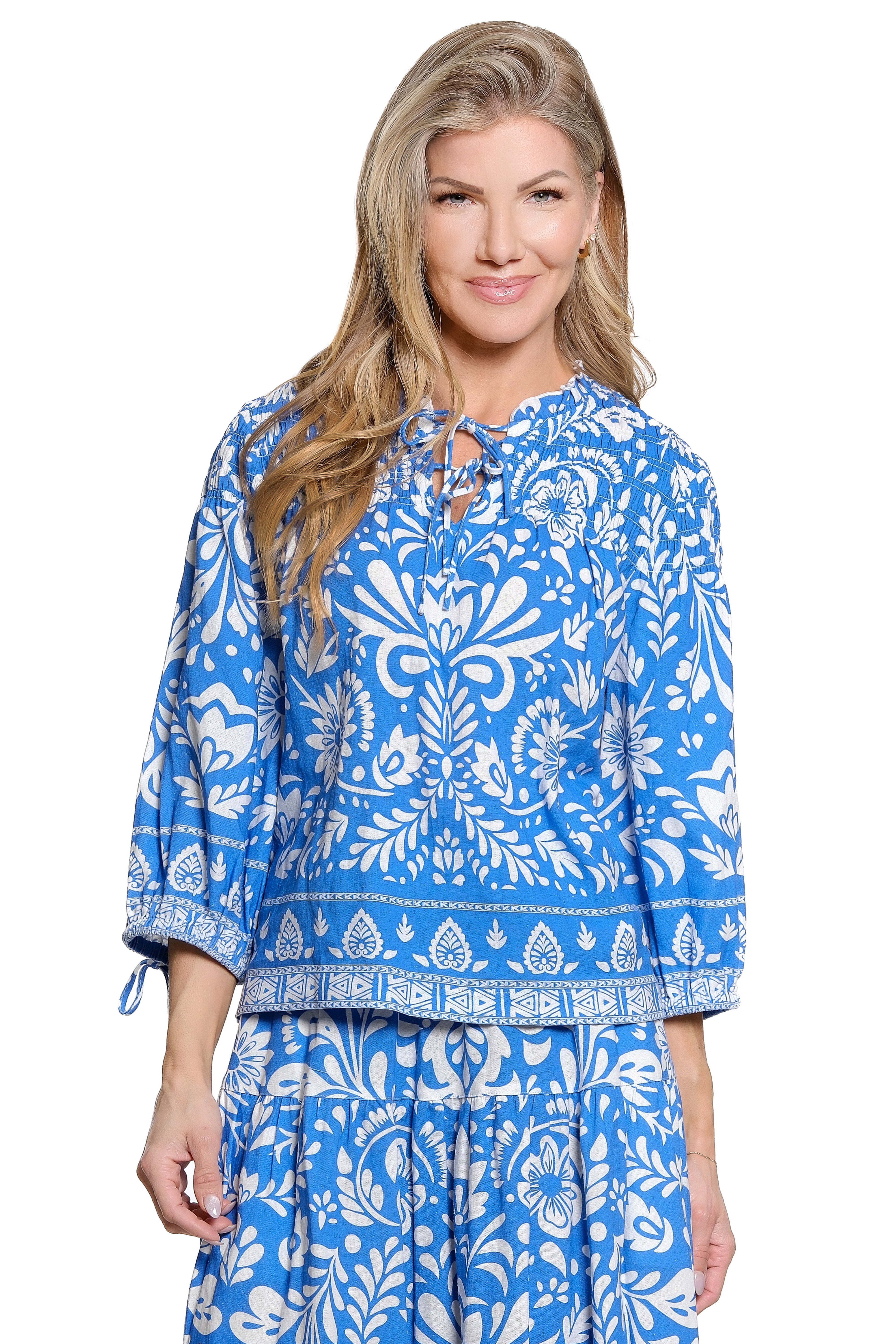 Floral Blouse with Smocked Sleeves - Blue Floral