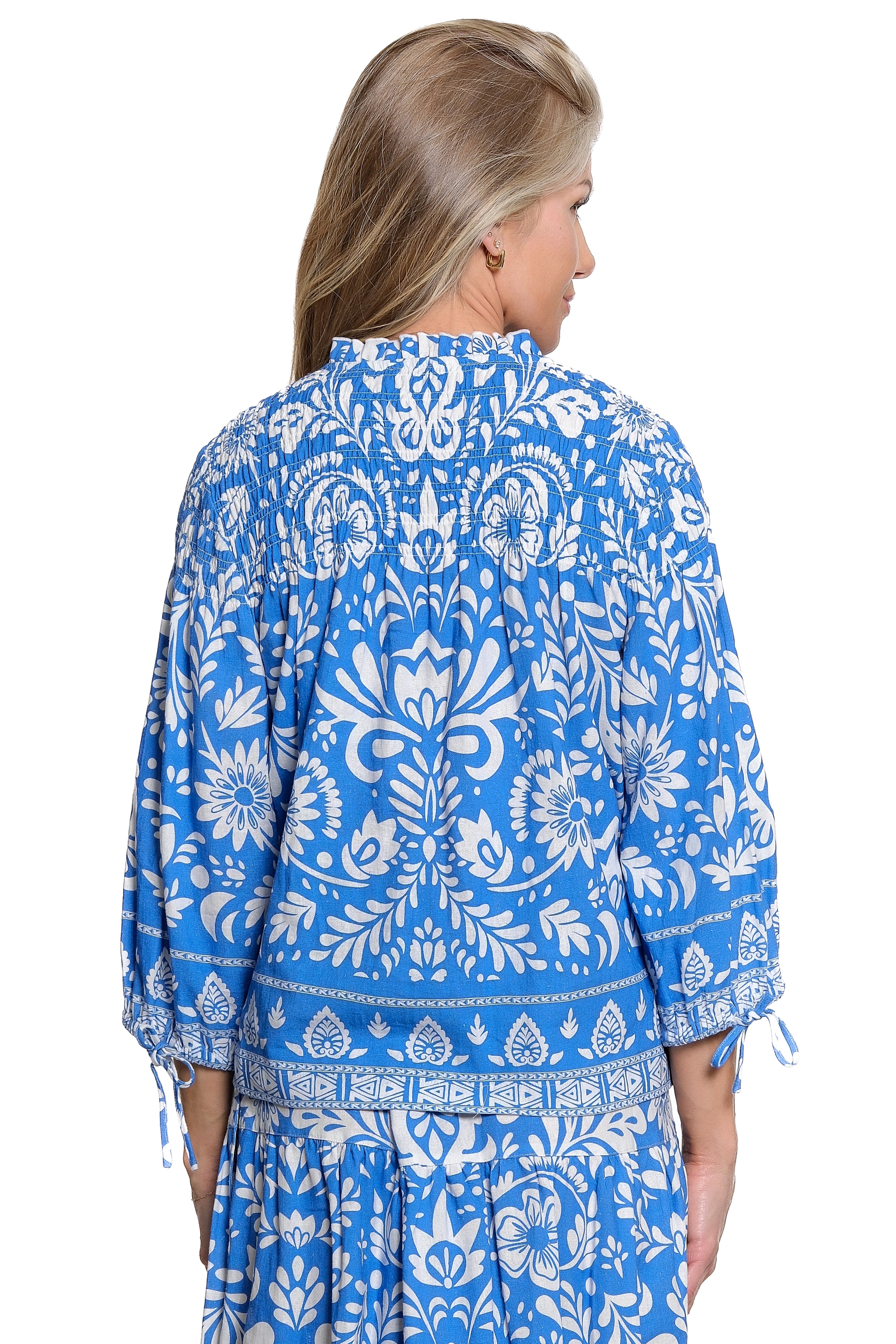 Floral Blouse with Smocked Sleeves - Blue Floral