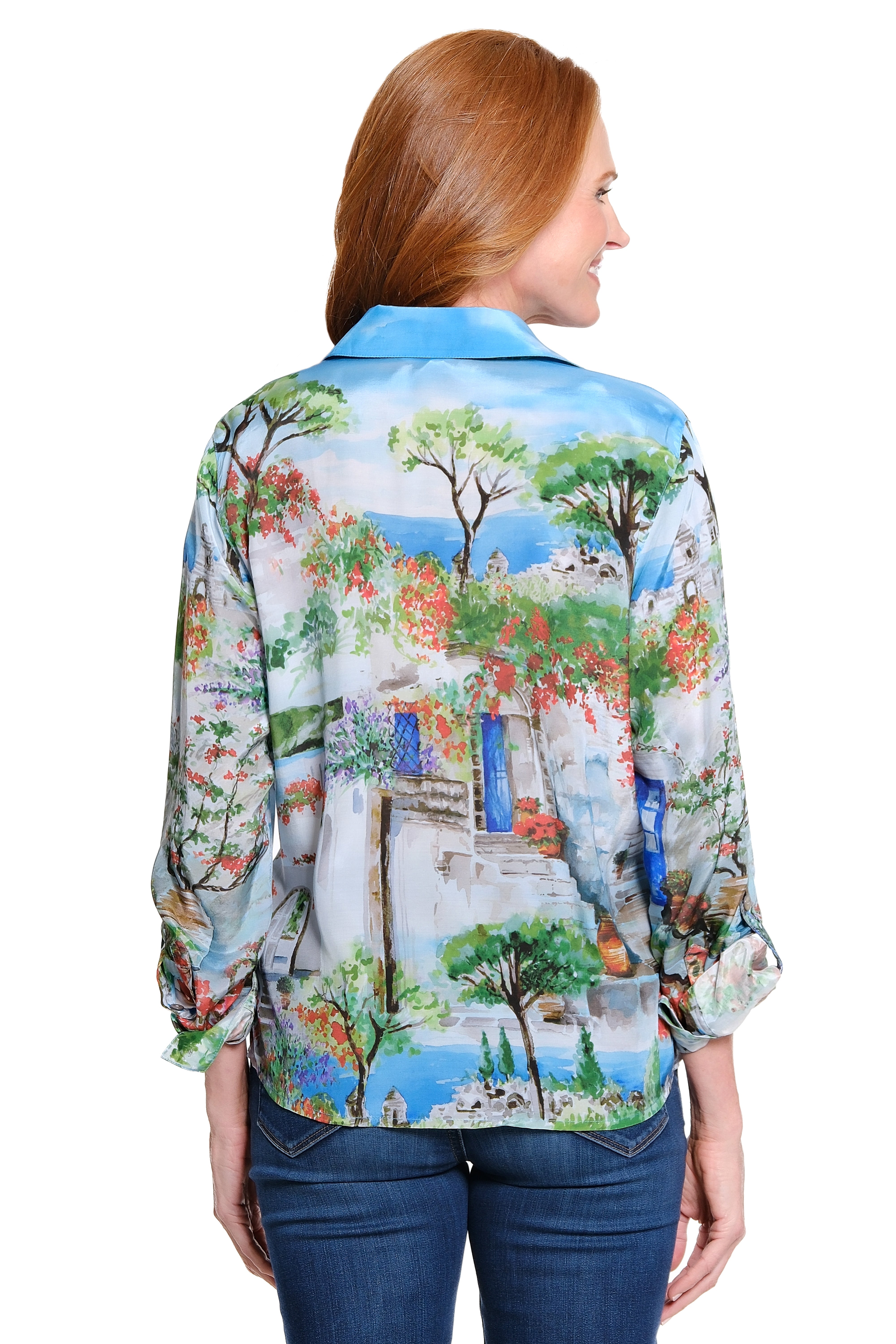 Landscape Print Tie Front Blouse - Multi