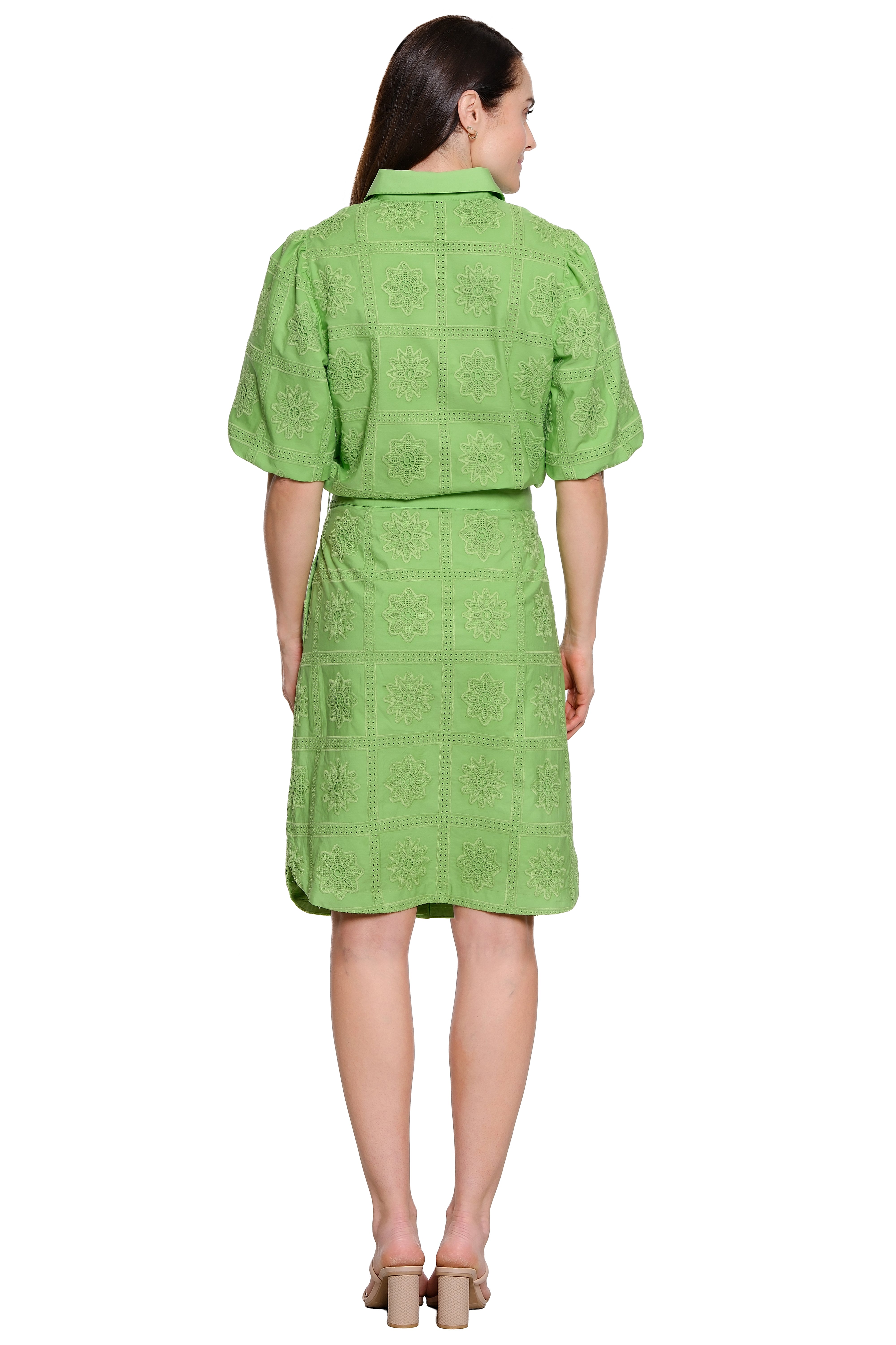 Floral Eyelet Cotton Top with Short Sleeves - Apple Green