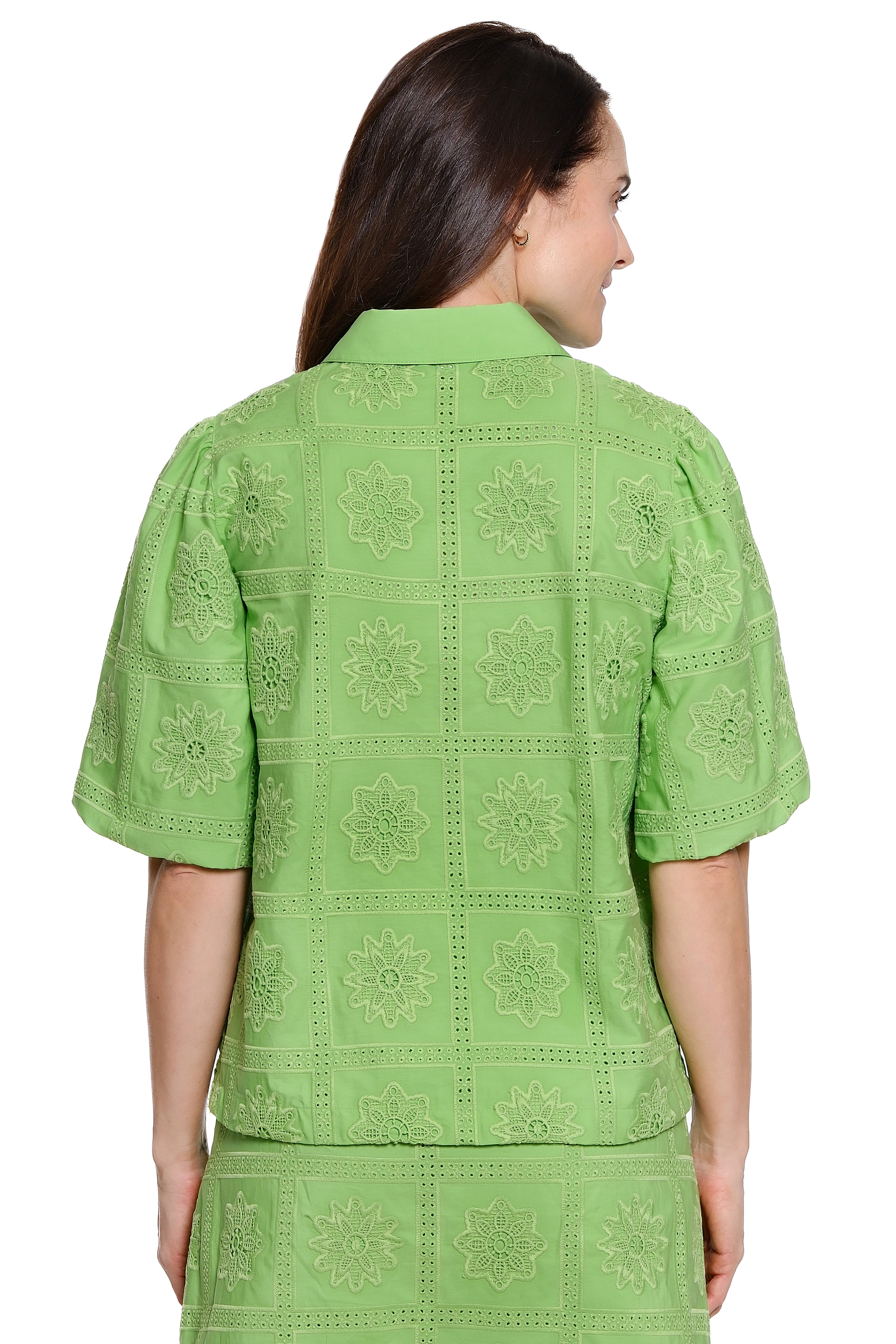 Floral Eyelet Cotton Top with Short Sleeves - Apple Green