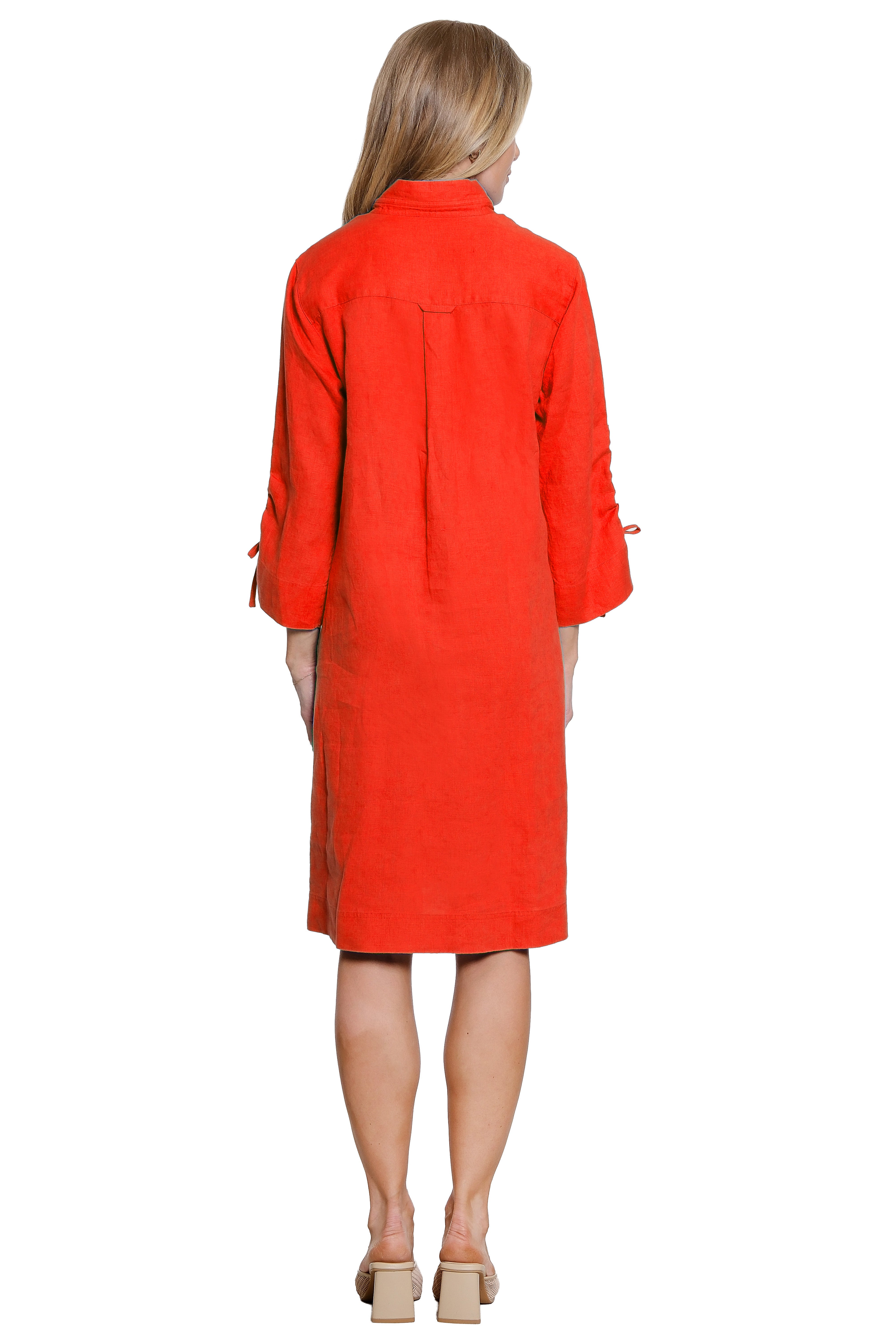 Solid Dress Front Pockets Cinch Sleeve - Vivid Red