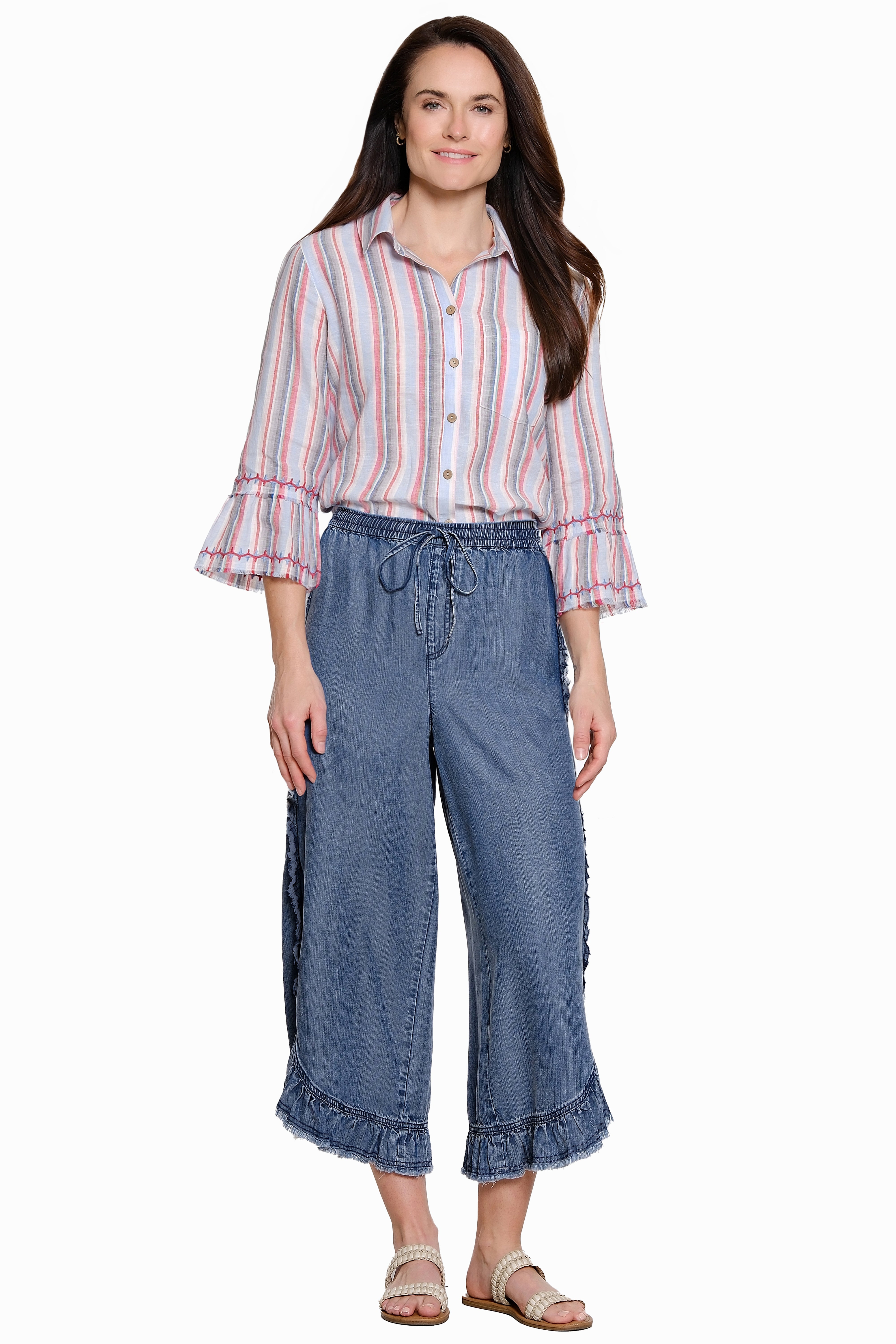 Wide-Leg Pull-On Pant Tie Waist Ruffle Trim - Denim