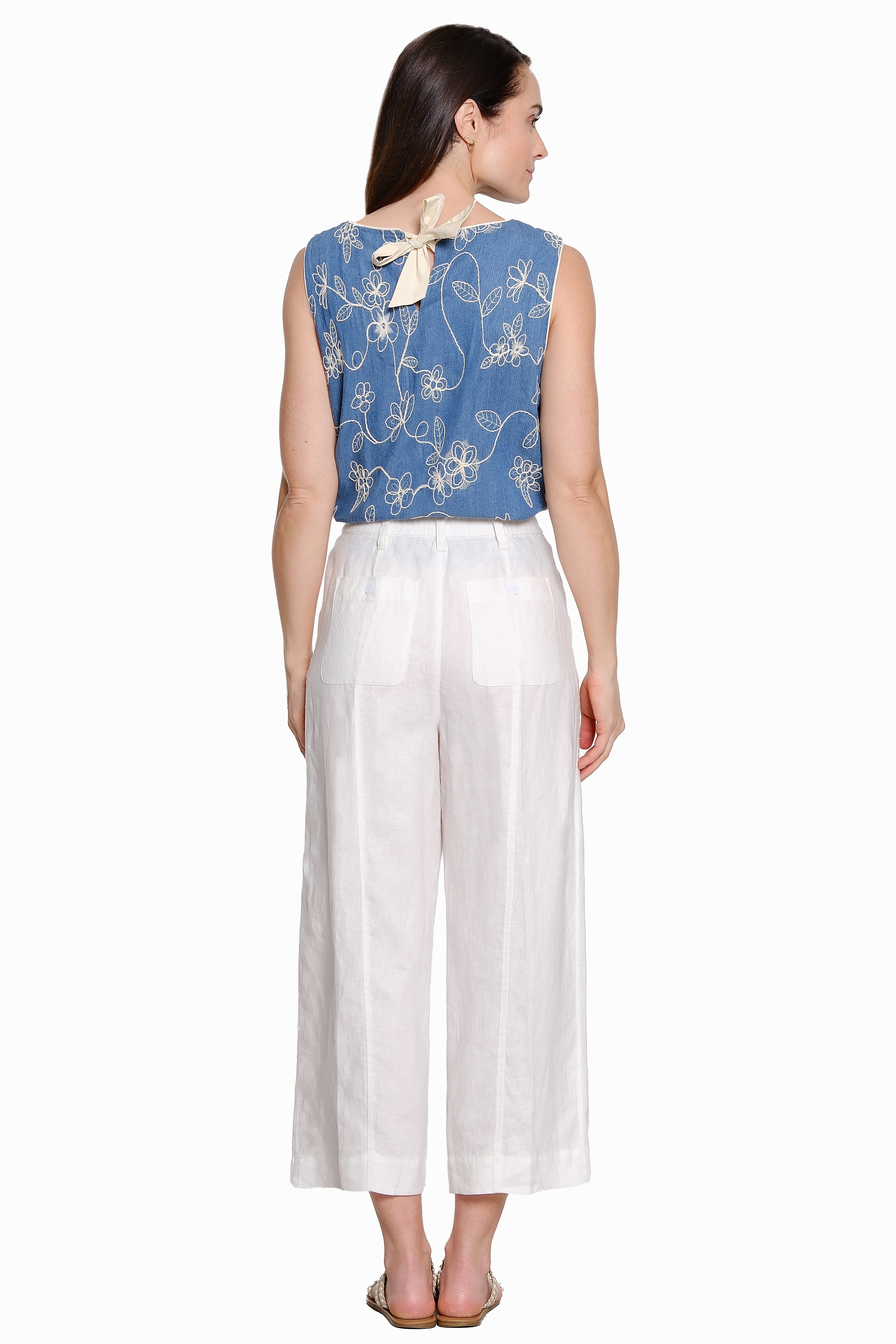 Pull-On Pleated Wide Leg Pant Front Button Detail - White