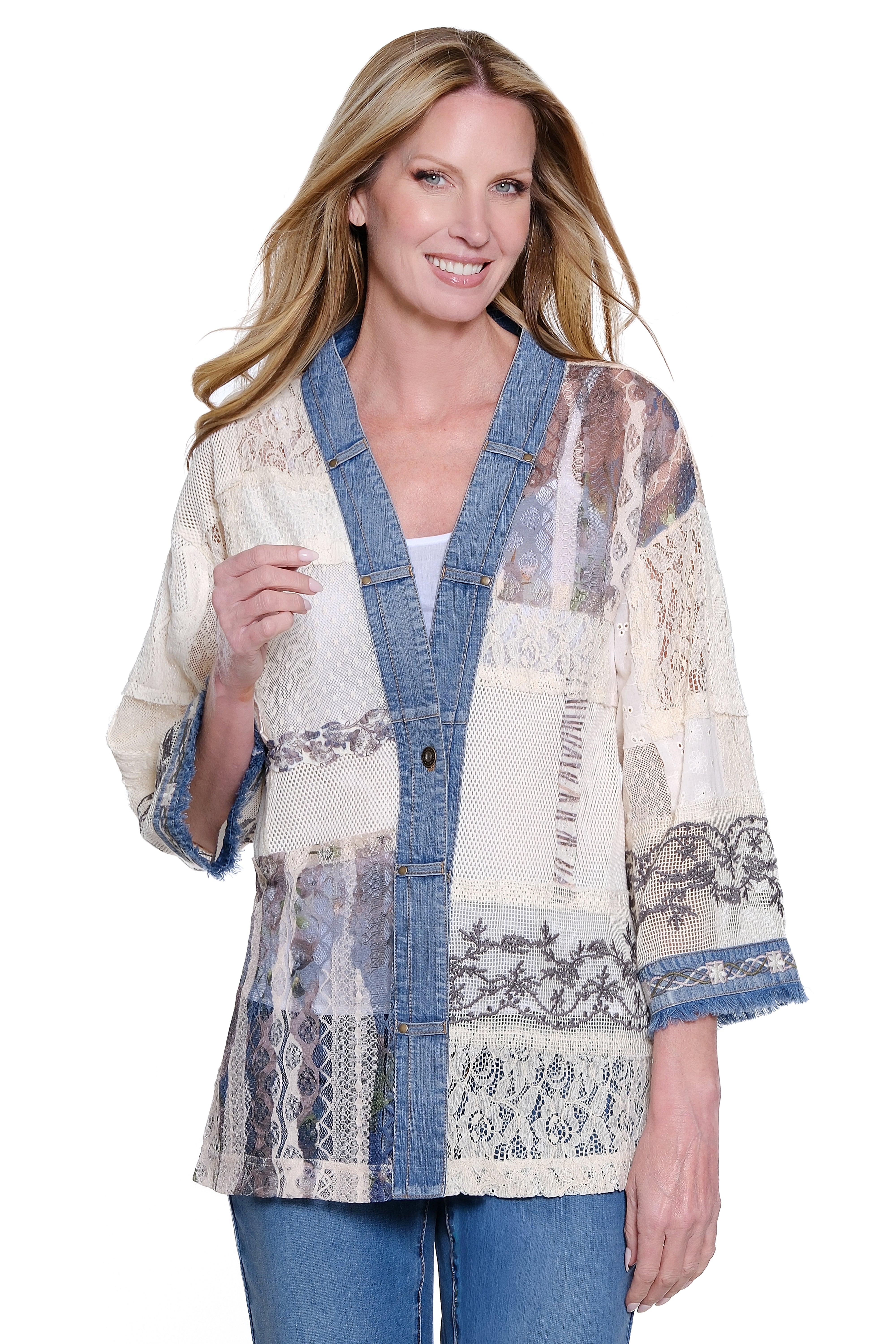 Patchwork Jacket with Woven Trim - White Floral