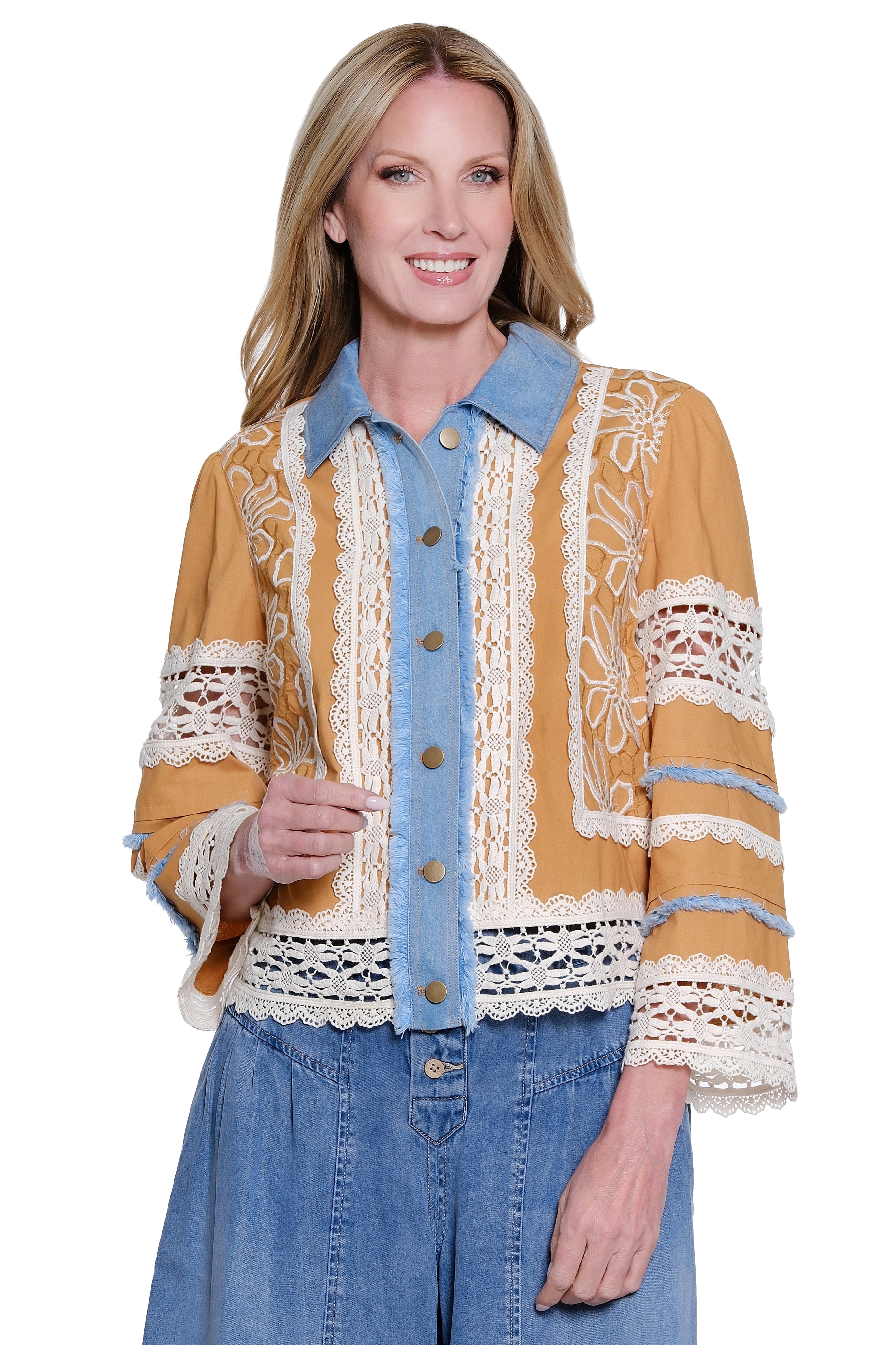 Lace Inset 3/4 Sleeve Jacket - Artisan Gold