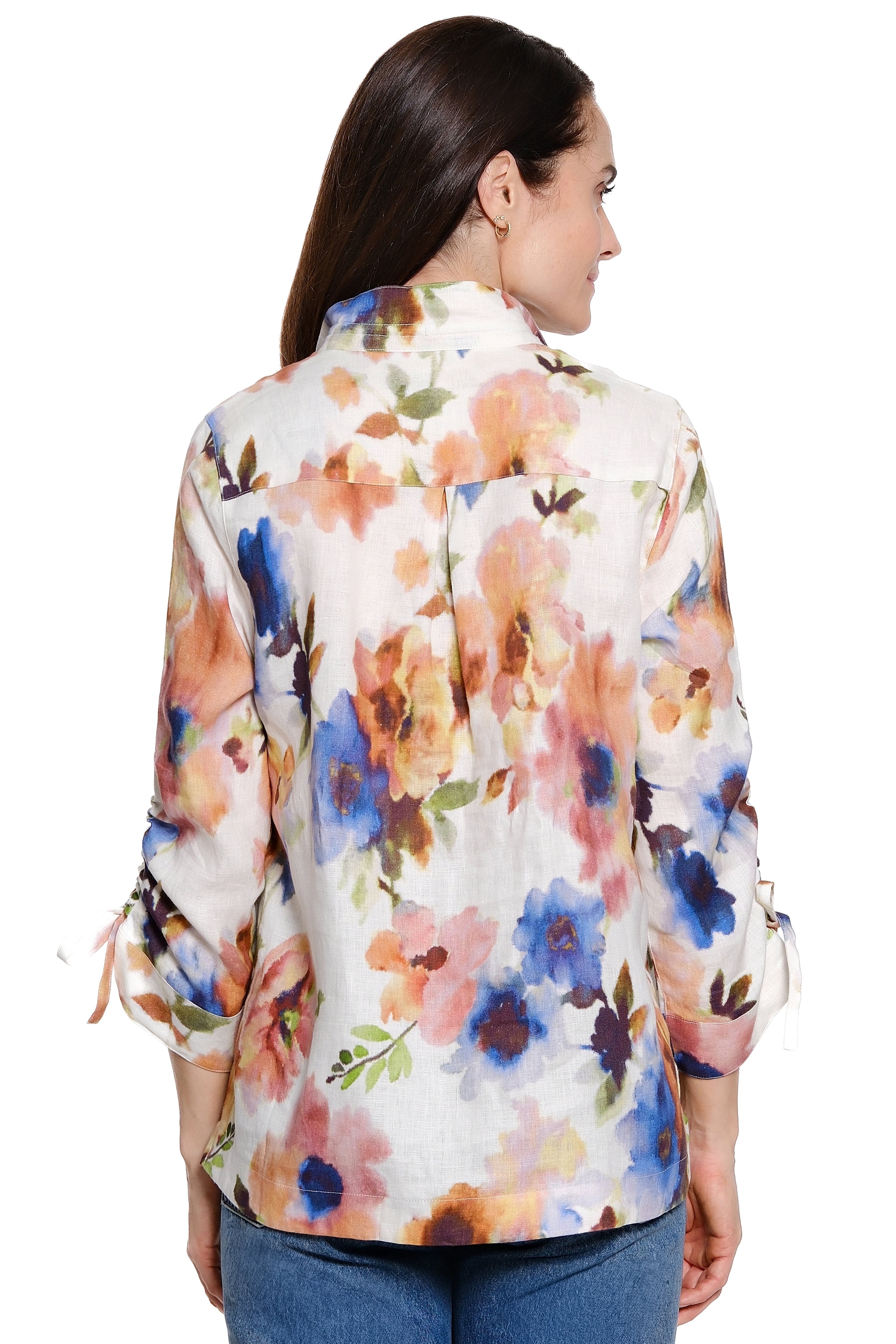 Linen Floral Print Blouse with Wire Collar - Watercolor Floral