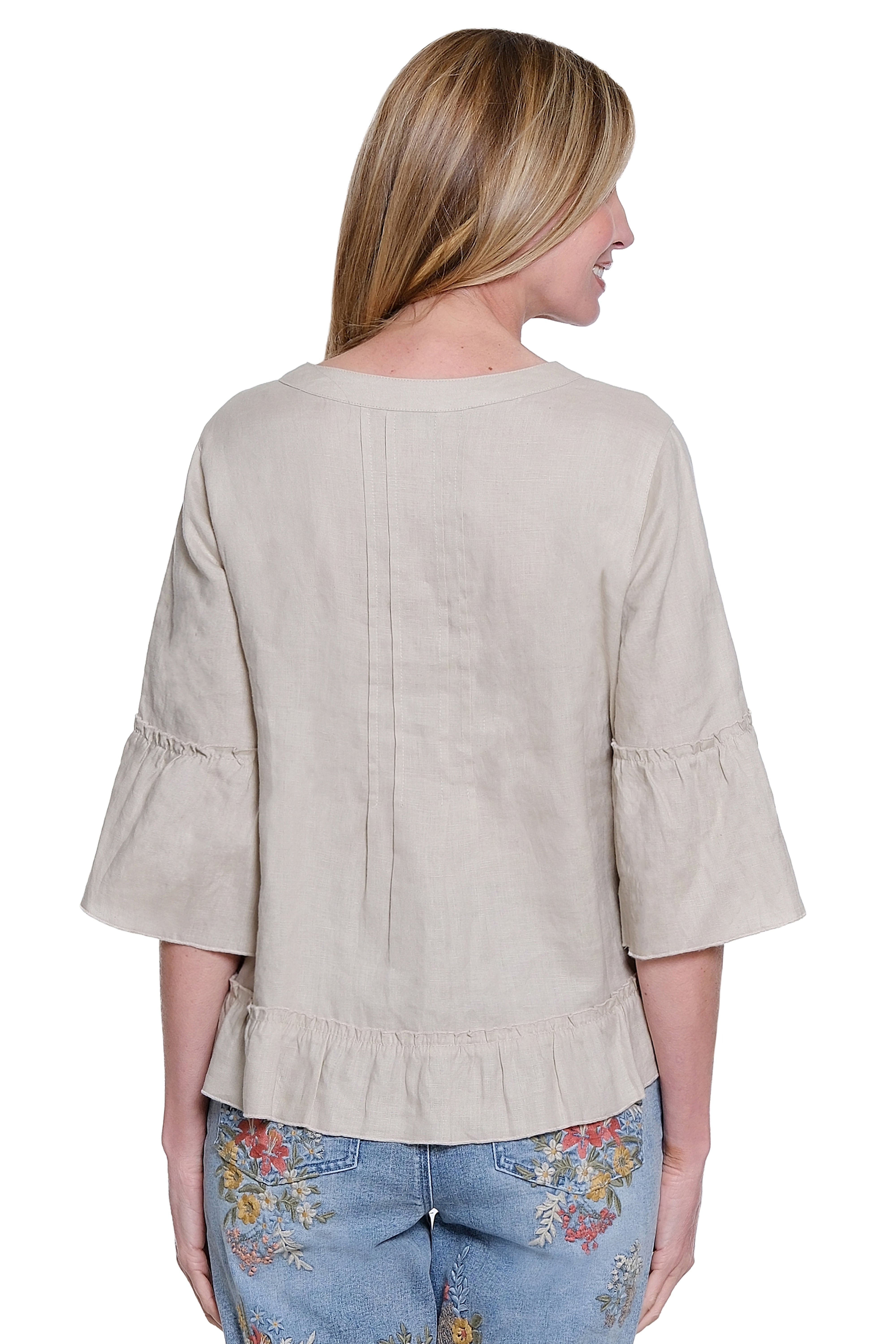 Button Front Blouse with Ruffle Sleeves - Linen