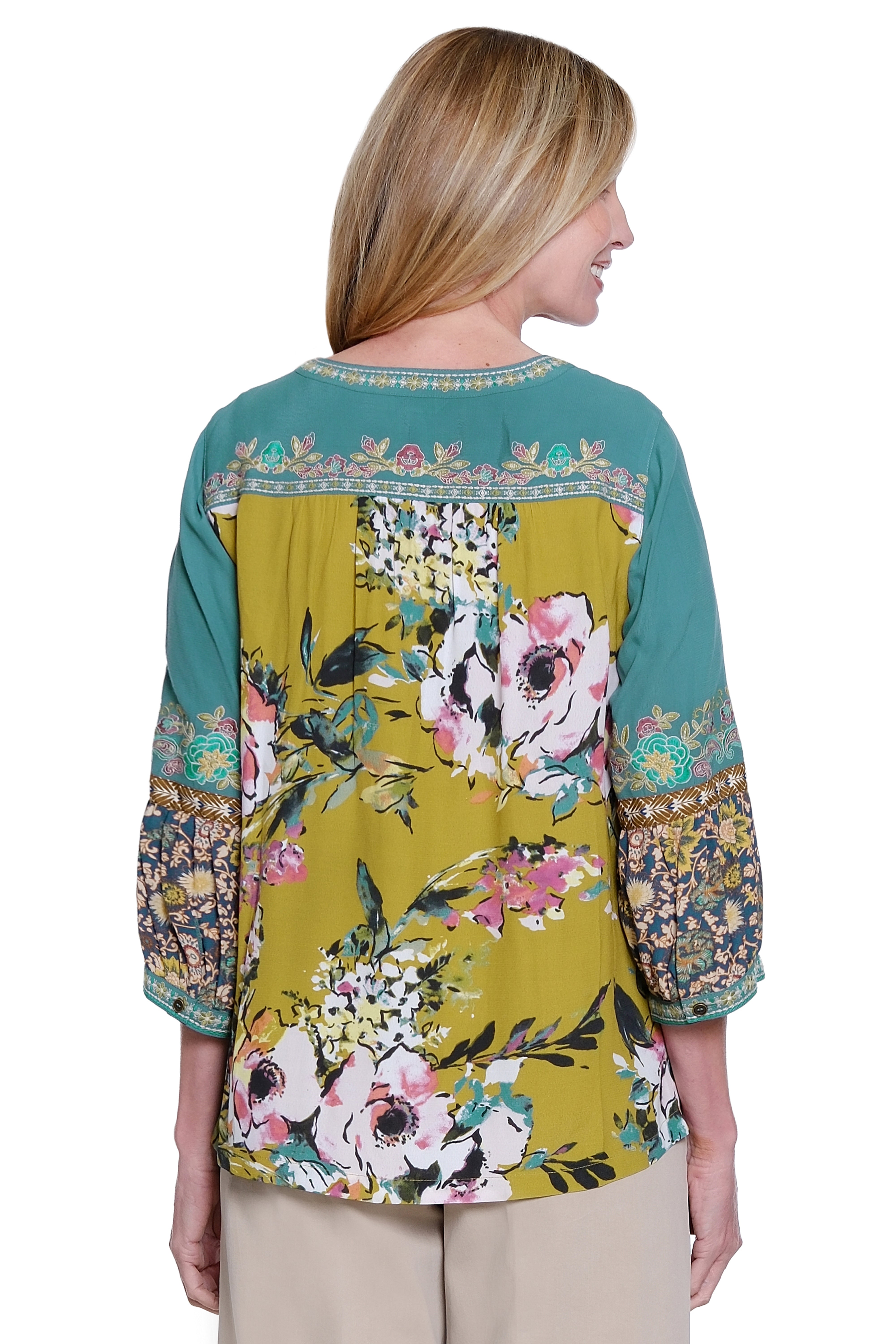 Embroidered Tunic with Print Back - Green Floral Print