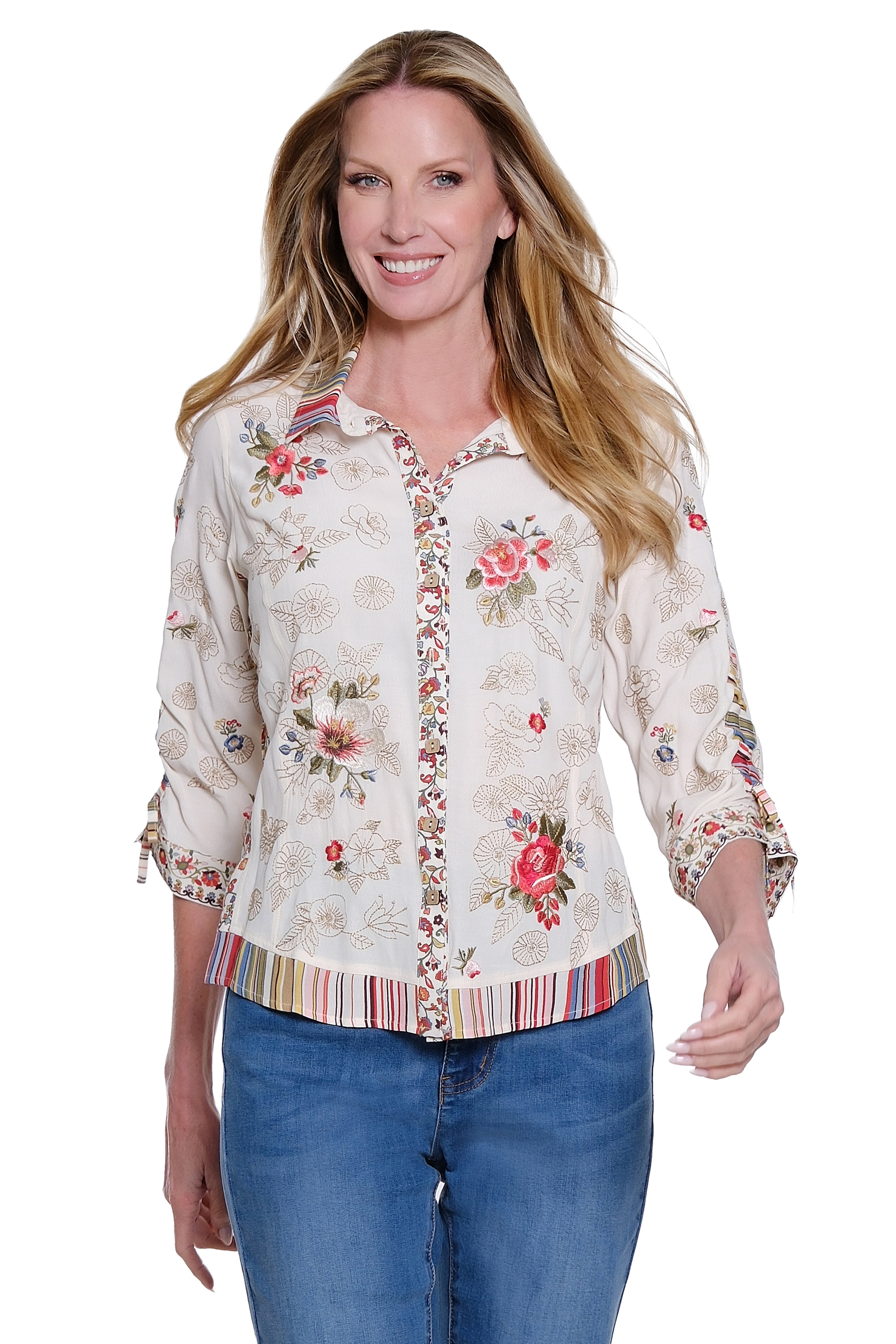 Embroidered Button Front Blouse with Cinch Tie Sleeves - White Floral