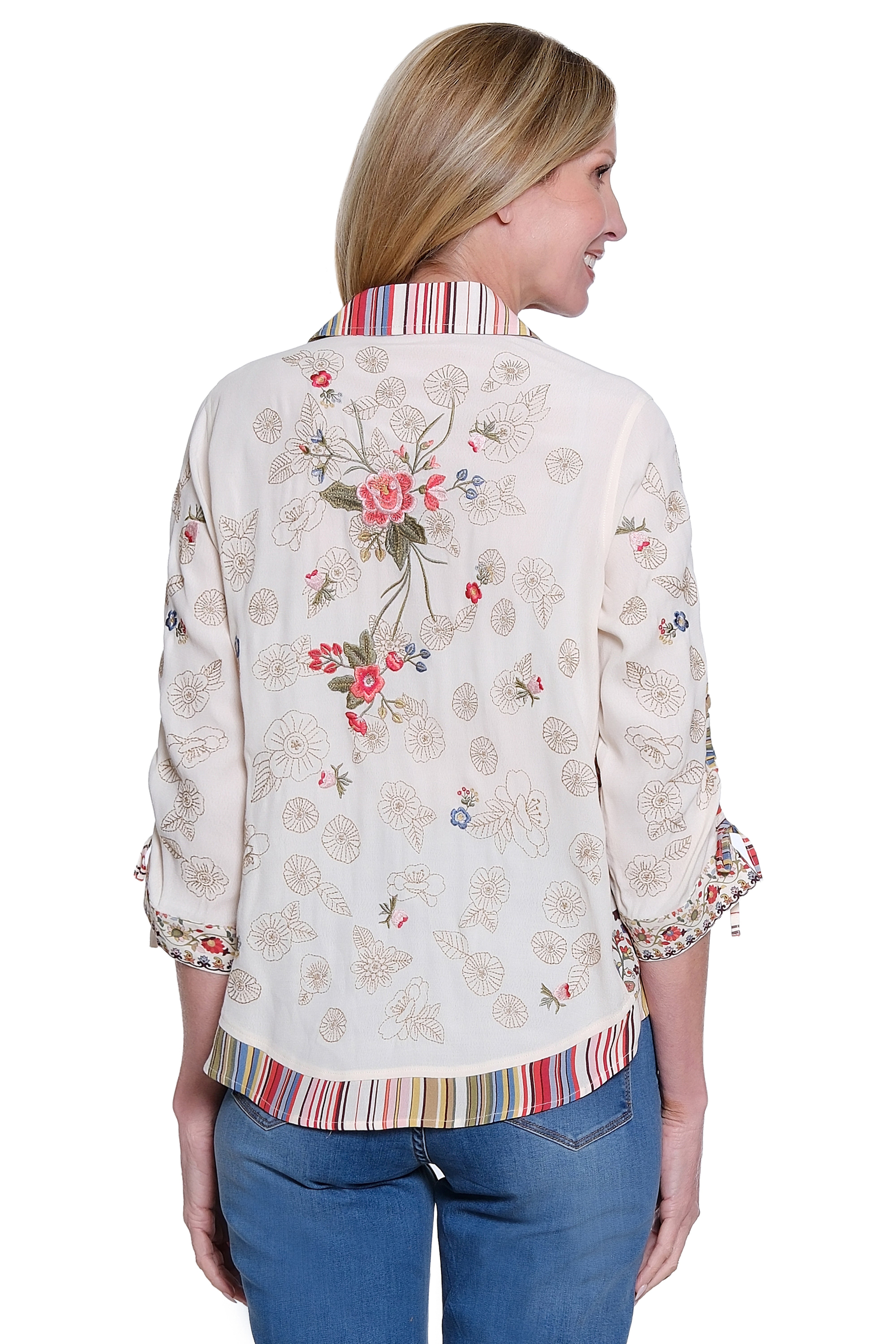 Embroidered Button Front Blouse with Cinch Tie Sleeves - White Floral