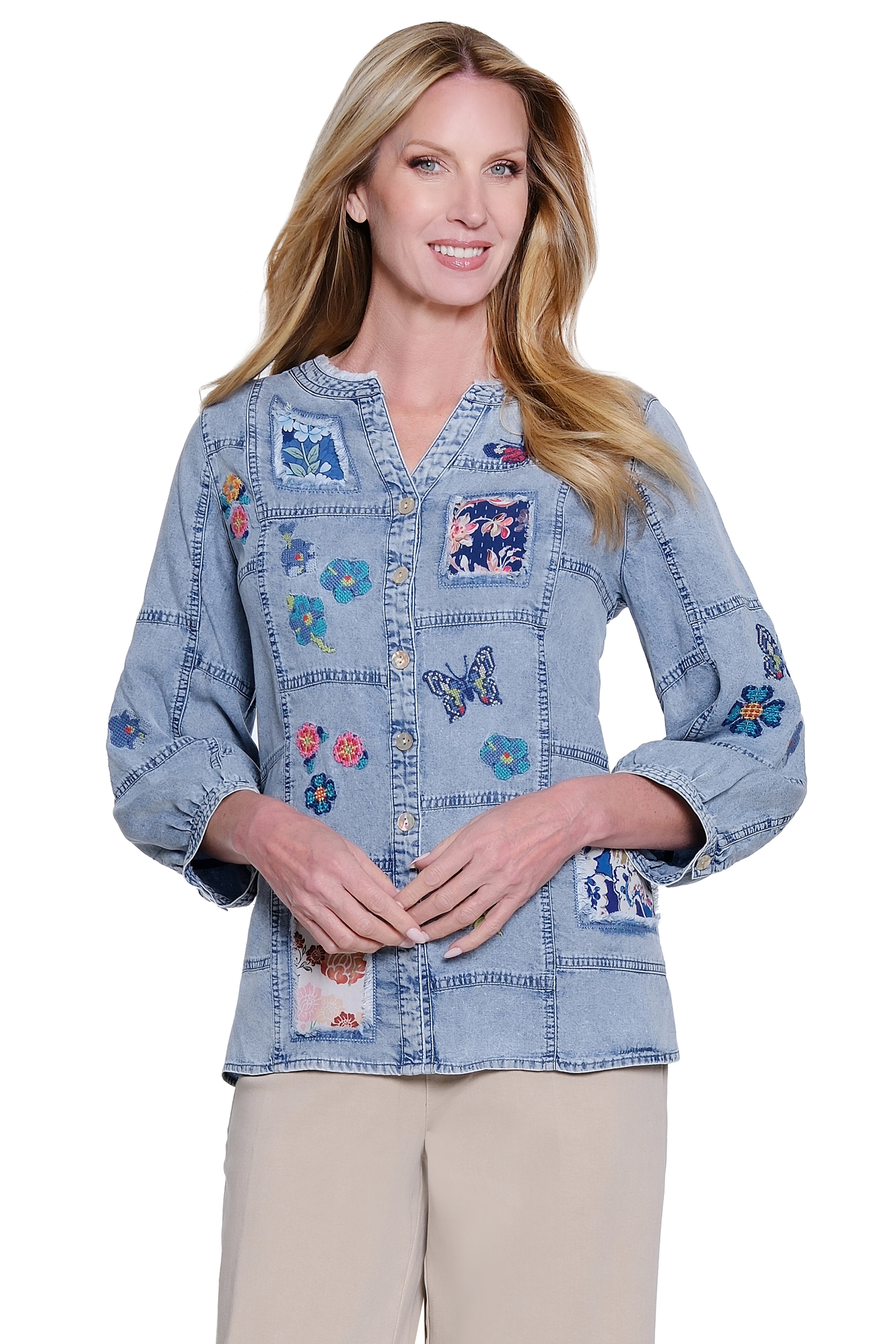Patchwork Button Front Blouse with Embroidery - Chambray