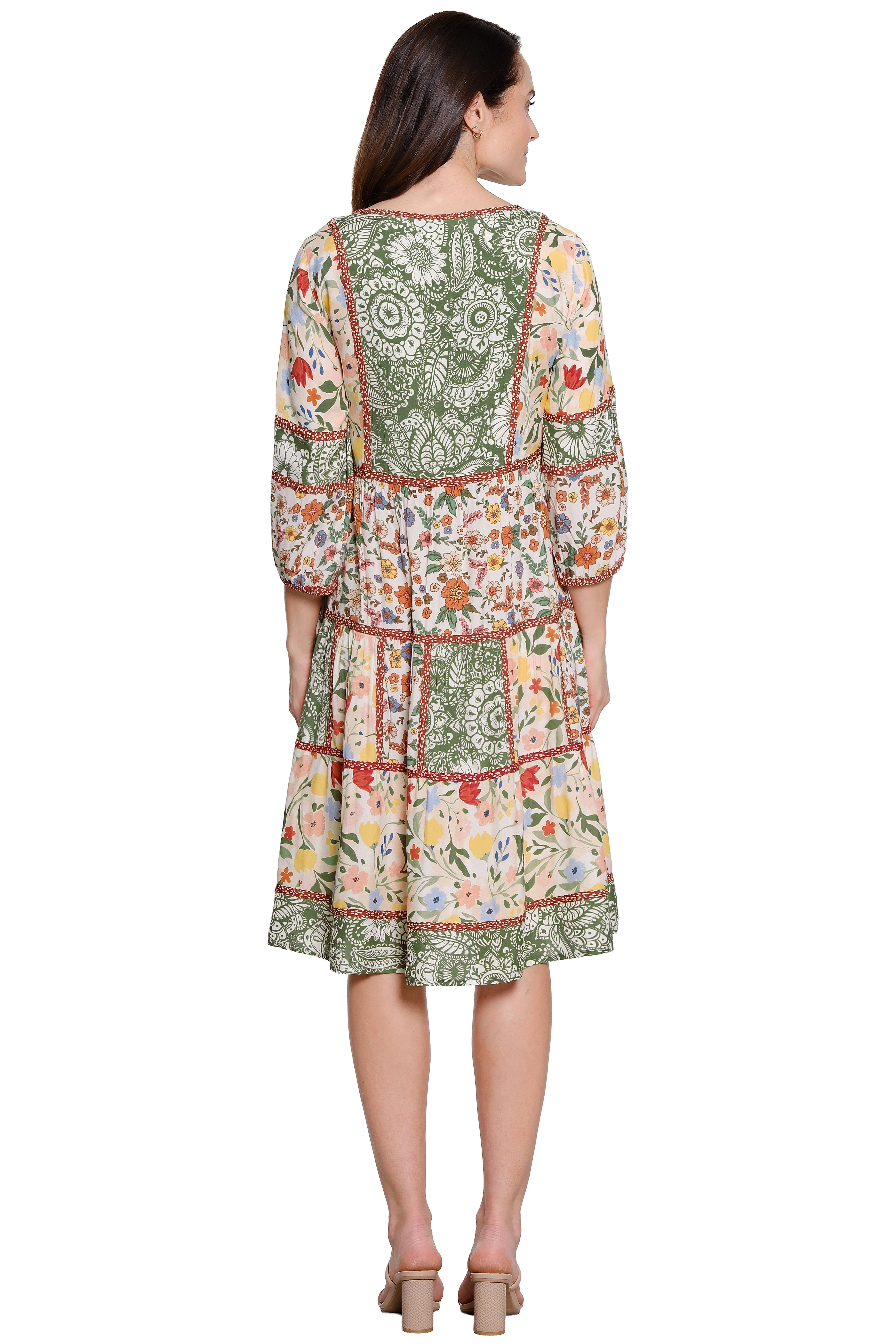 Mix Print Tiered Dress with Smocked Placket - Floral Multi