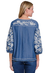 Allover Embroidered Pullover Top - Plus - Indigo