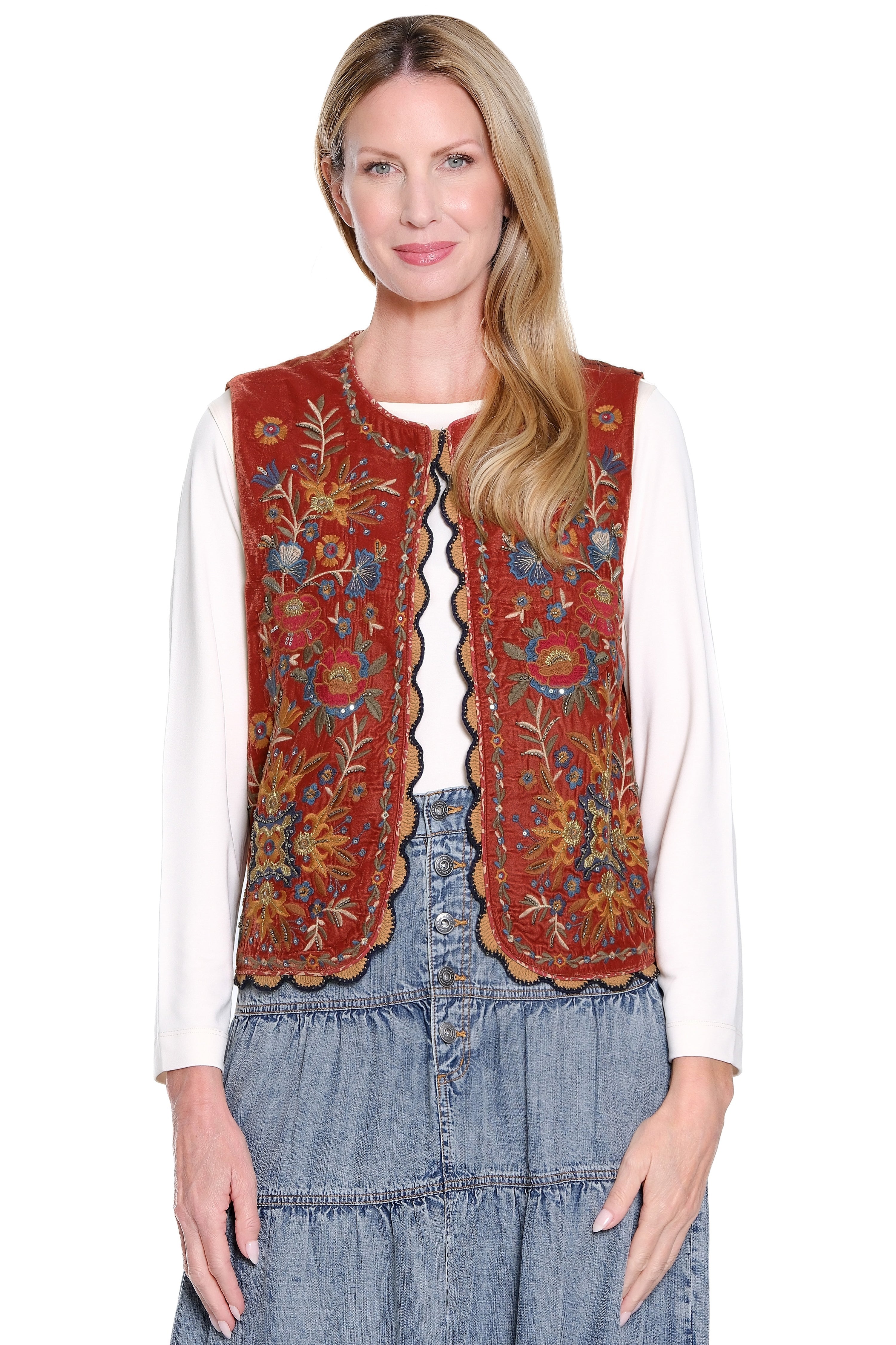 Embroidered Velvet Vest - Petite - Terracotta