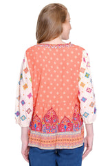 Mixed Print Embroidered Tunic - Plus - Apricot