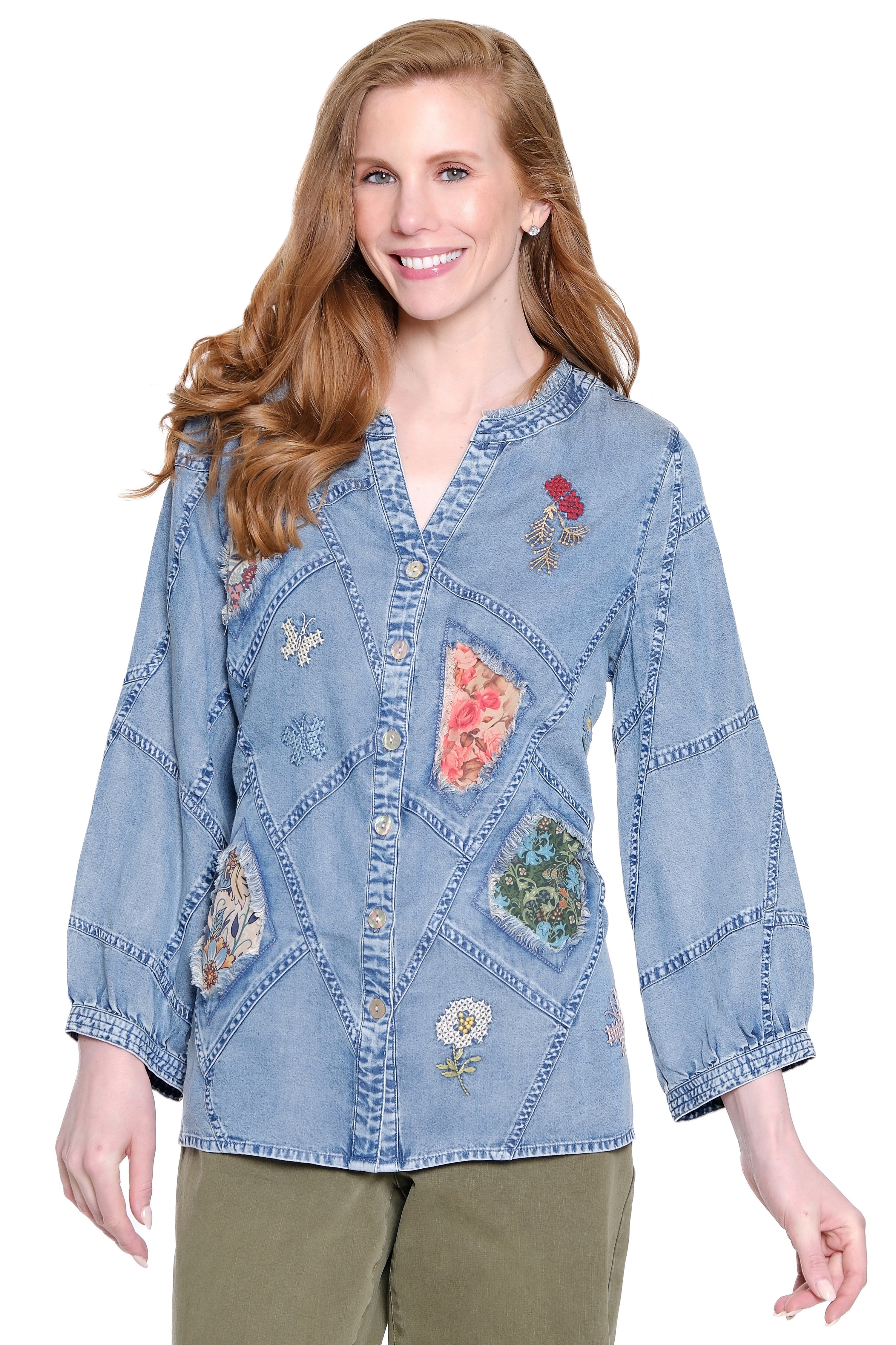 Patched Print Tunic with Fraying Details - Chambray