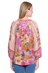 Printed Split Neck Top - Petite - Purple Floral