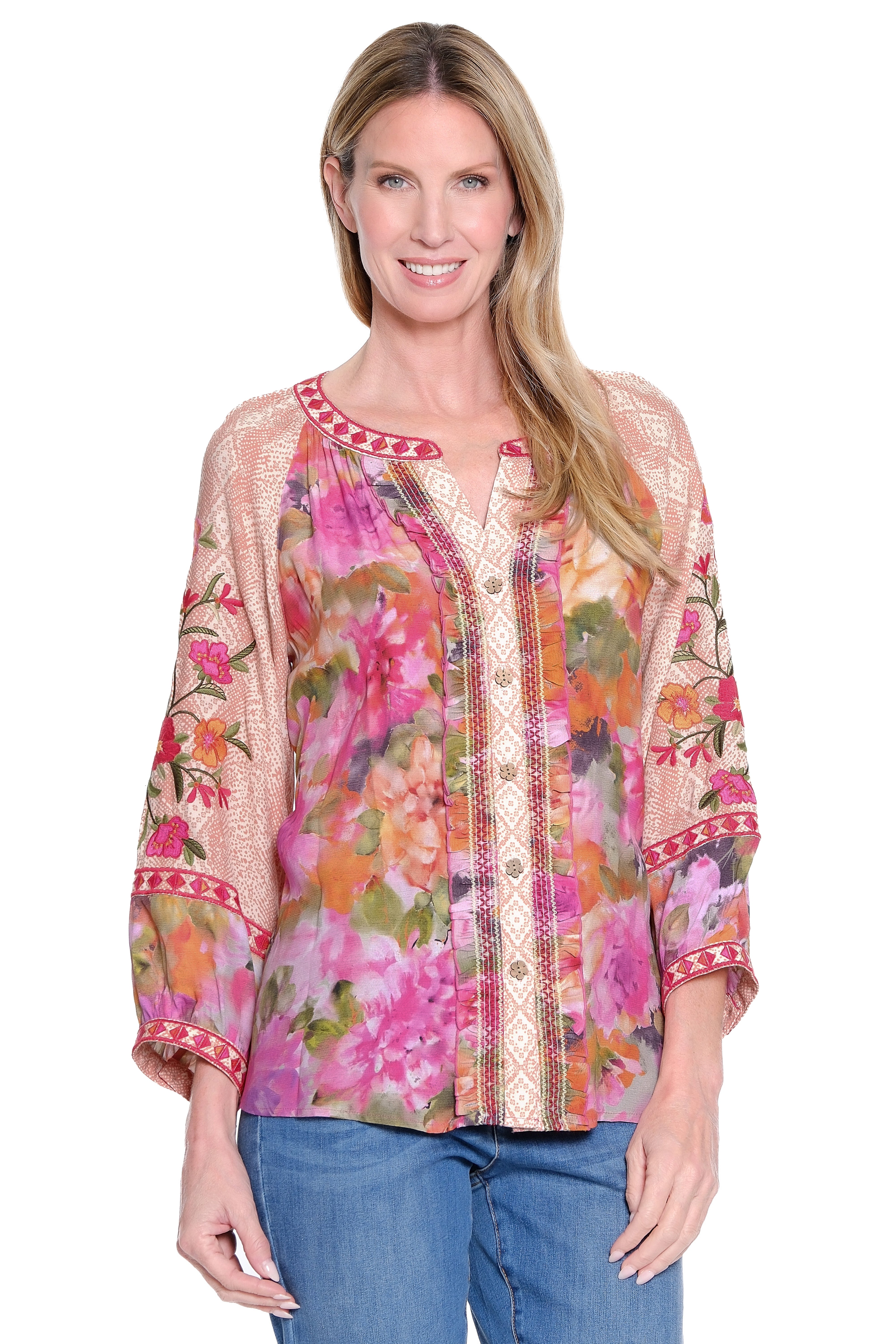 Printed Split Neck Top - Petite - Purple Floral