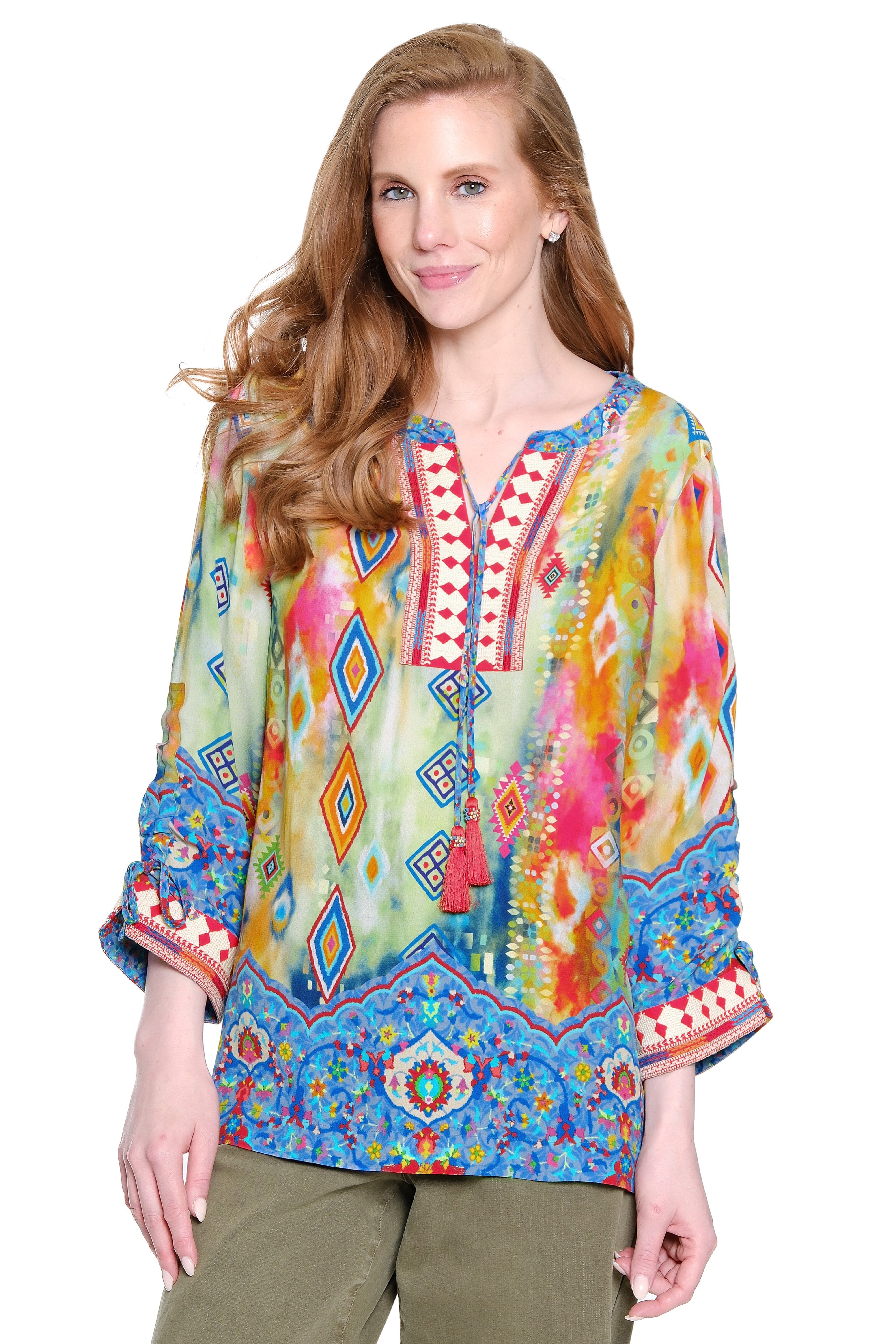 Embroidered Tunic with Tassel Tie Front - Petite - Multi