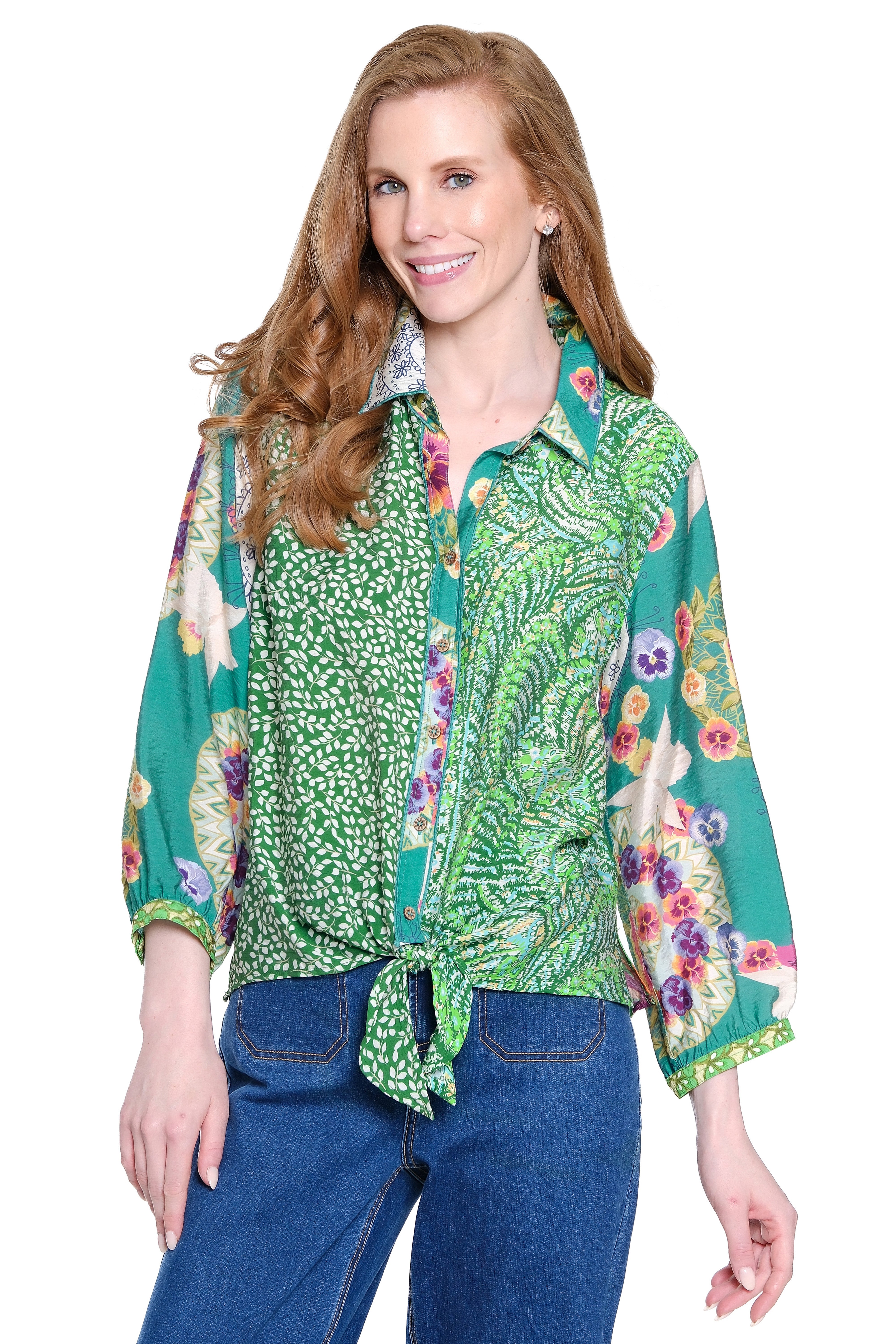 Mixed Print Tie-Front Top - Plus - Green Aqua