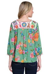 Floral Print Peasant Top with Embroidered Square Neckline - Plus - Green Floral