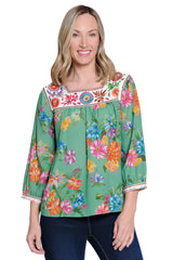 Floral Print Peasant Top with Embroidered Square Neckline - Plus - Green Floral