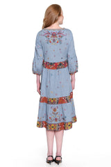 Embroidered V-Neck Tiered Dress - Plus - Light Blue