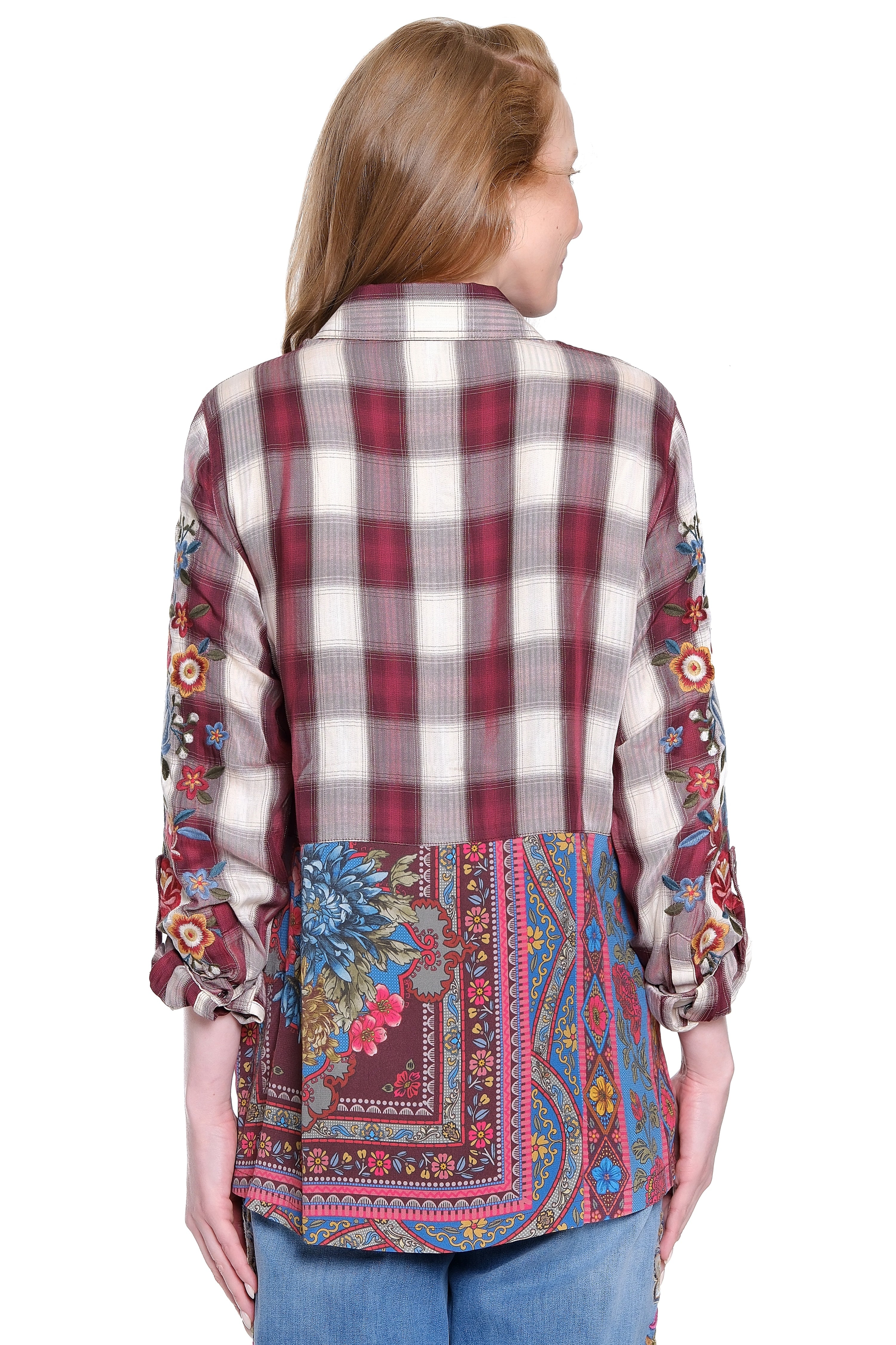Embroidered Sleeve Button-Front Tunic - Wine Plaid