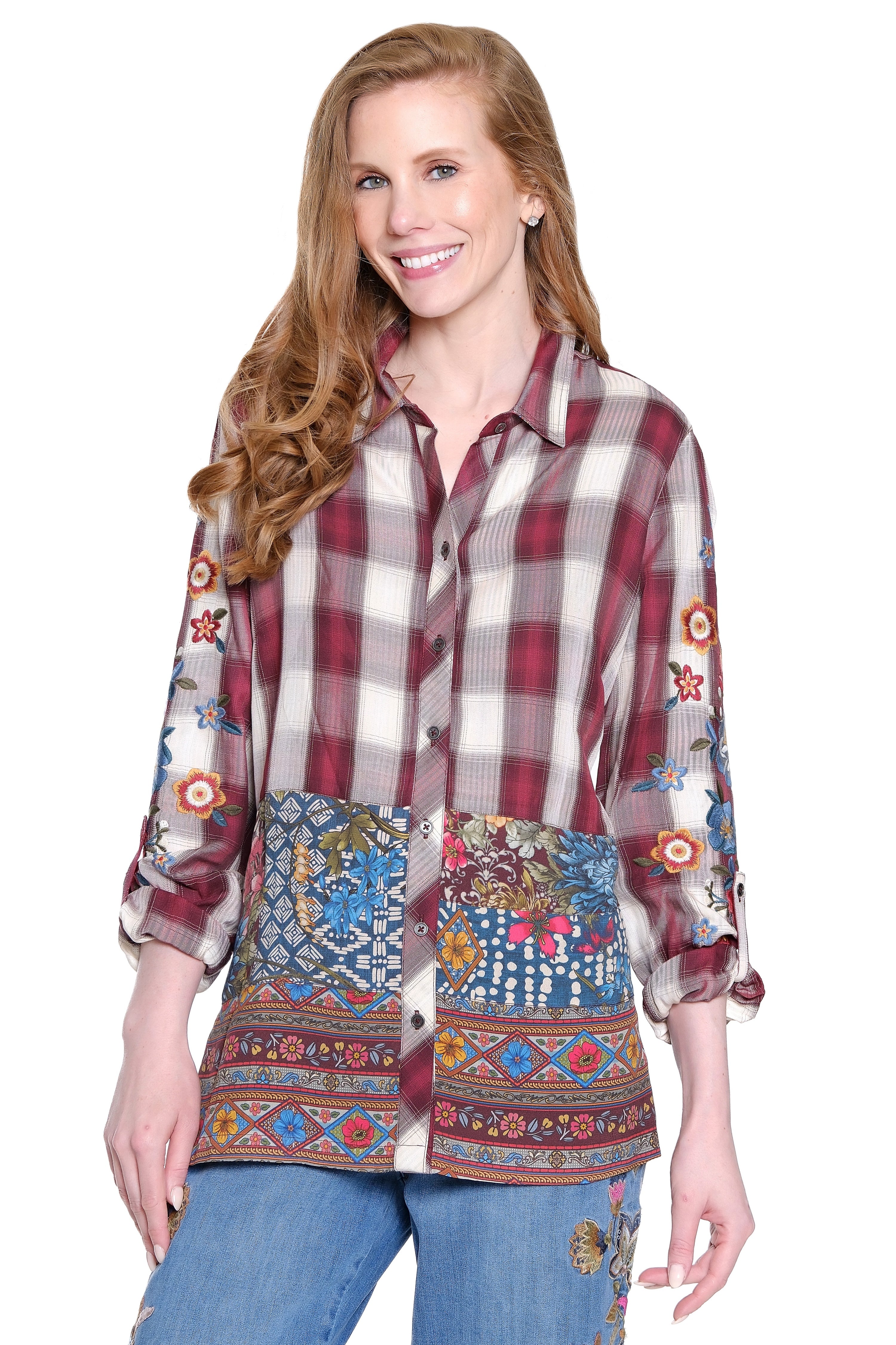 Embroidered Sleeve Button-Front Tunic - Wine Plaid