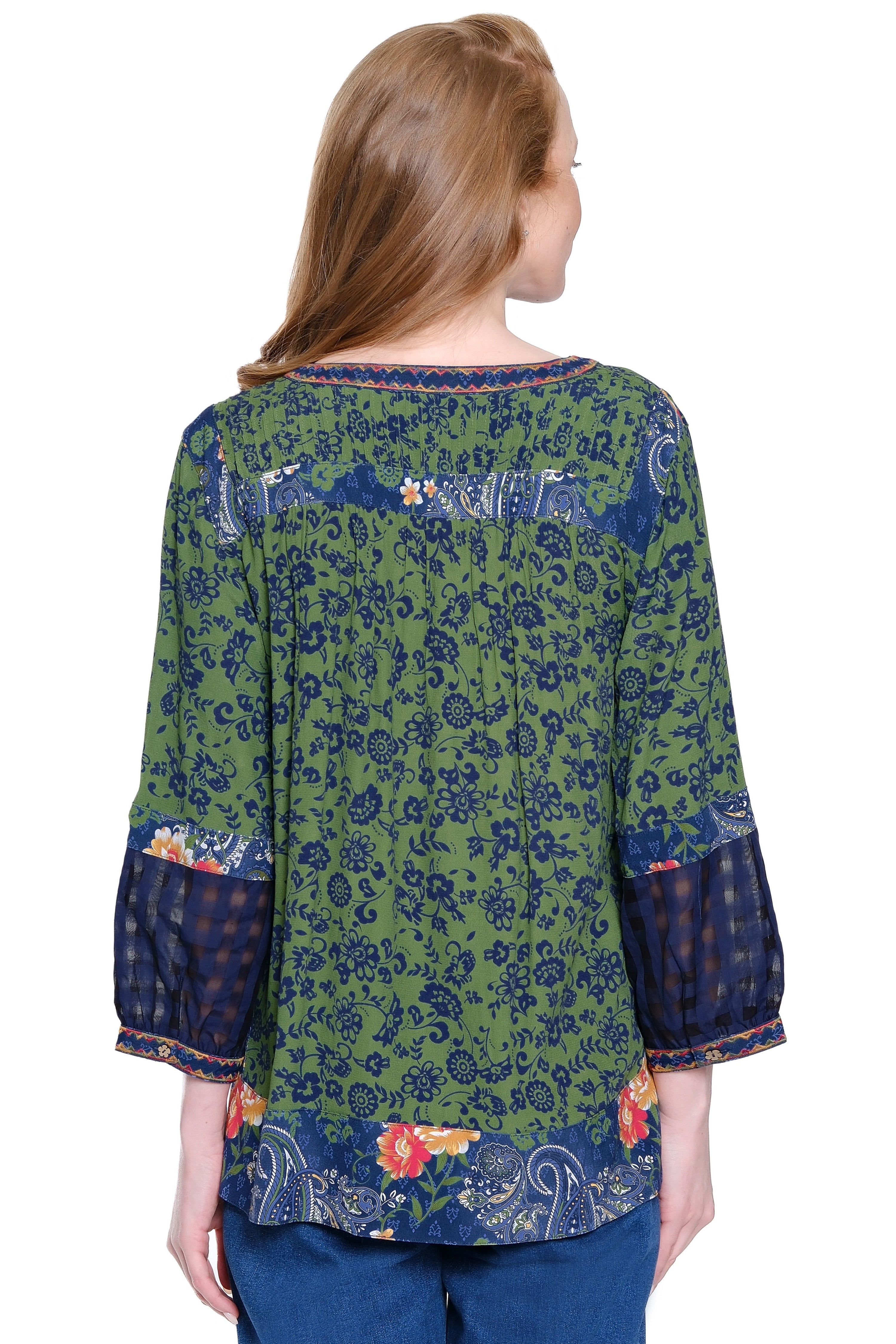 Embroidered Neck Peasant Tunic - Moss Green