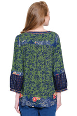 Embroidered Neck Peasant Tunic - Plus - Moss Green