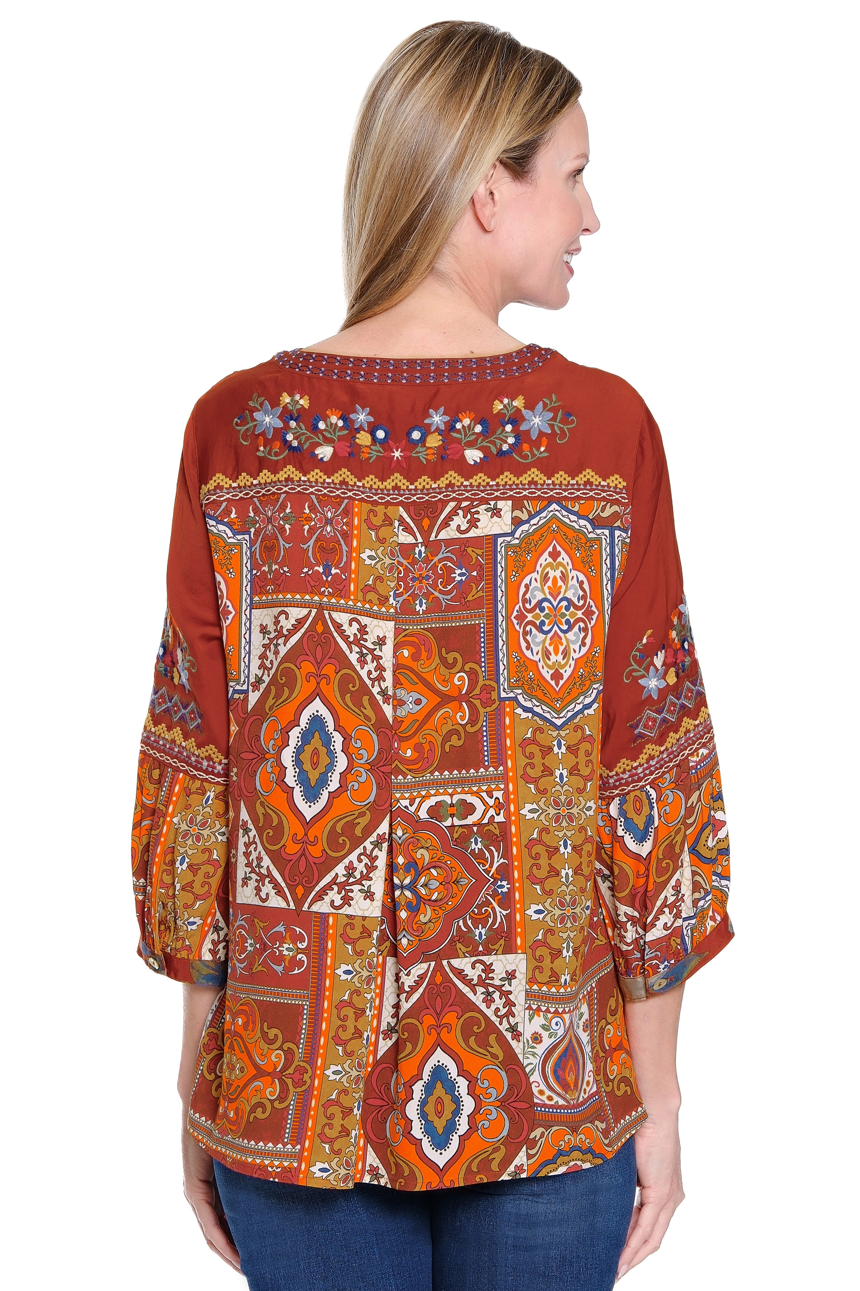 Embroidered Button-Up Tunic with Printed Back - Petite - Dark Spice
