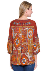 Embroidered Button-Up Tunic with Printed Back - Plus - Dark Spice