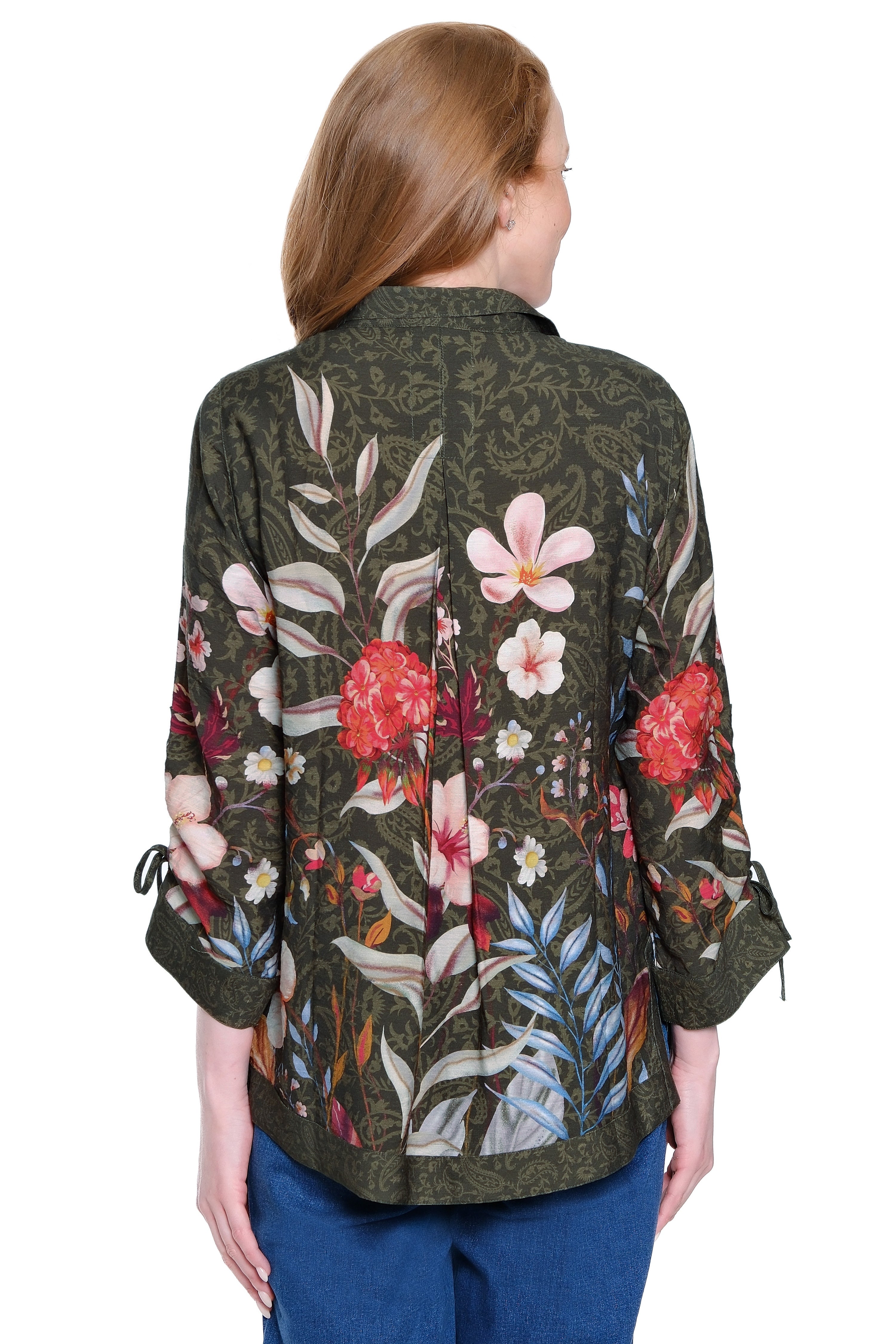 Border Print Top with Cinch Tie Sleeves - Plus - Dark Olive