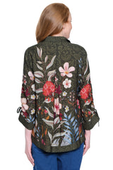 Border Print Top with Cinch Tie Sleeves - Petite - Dark Olive