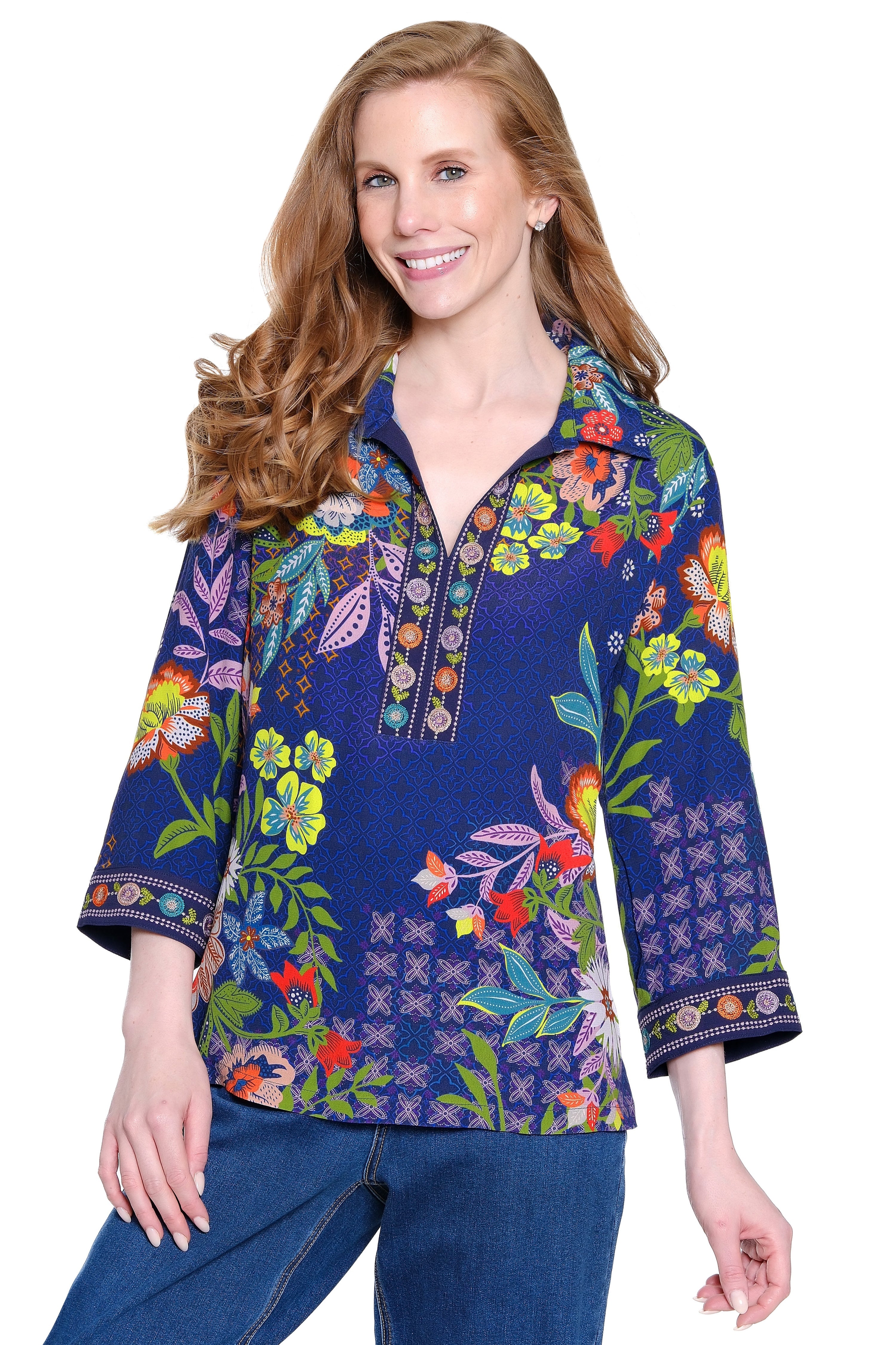 Printed Pop-Over Top with Embroidery - Teal Print