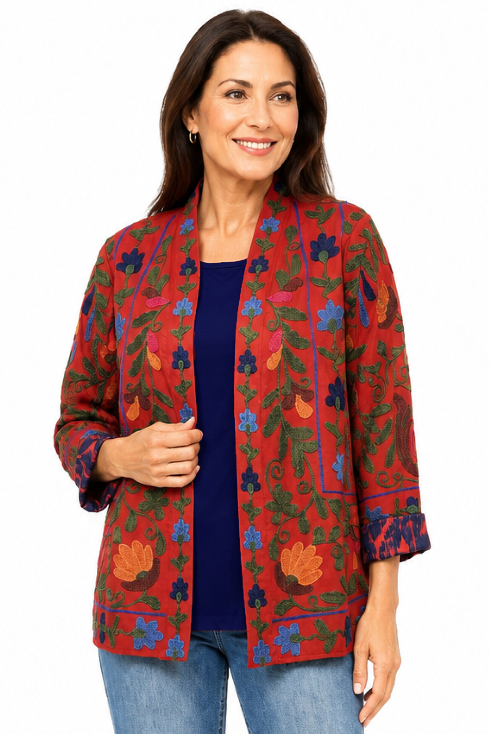 Dark Coral Embroidered Open-Front Jacket - Petite