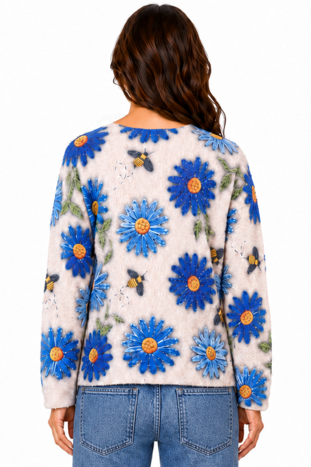 Blue Floral Floral Print Rhinestone Sweater - Missy