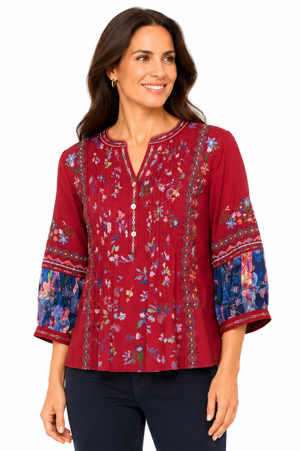 Red Embroidered Pintuck Popover - Missy