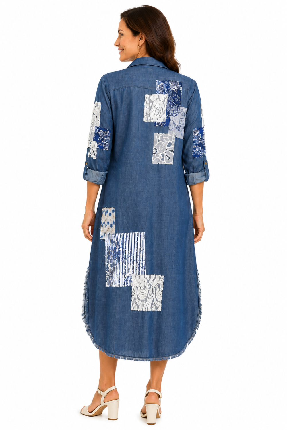 Blue Denim Patch Patchwork Roll Tab Sleeve Dress - Missy
